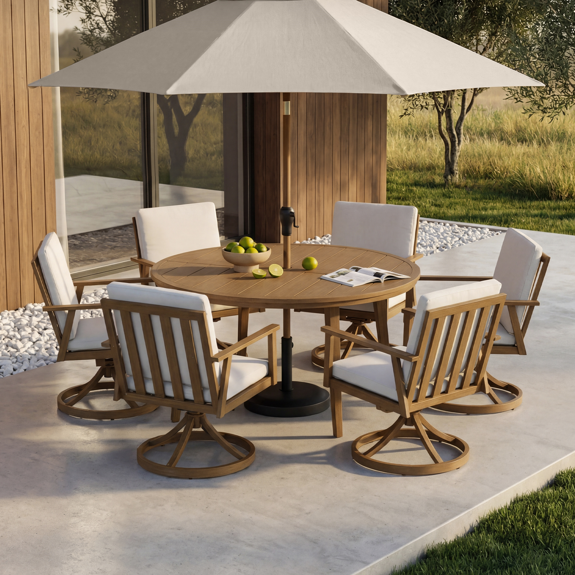 Round aluminum patio dining table with umbrella hole and six cushioned swivel chairs-Seehill