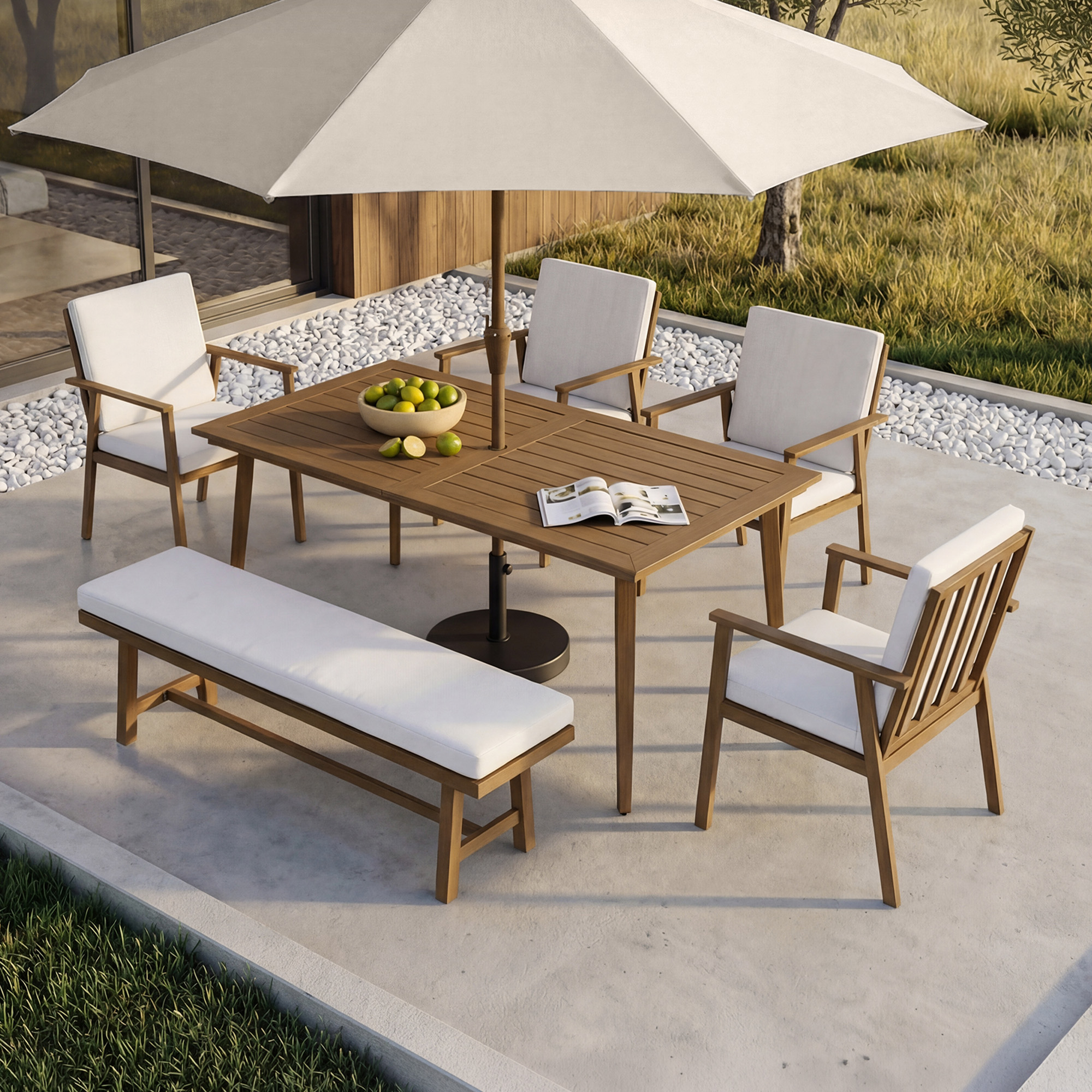 Aluminum Outdoor 6-Person Dining Table Set with 57'' Bench