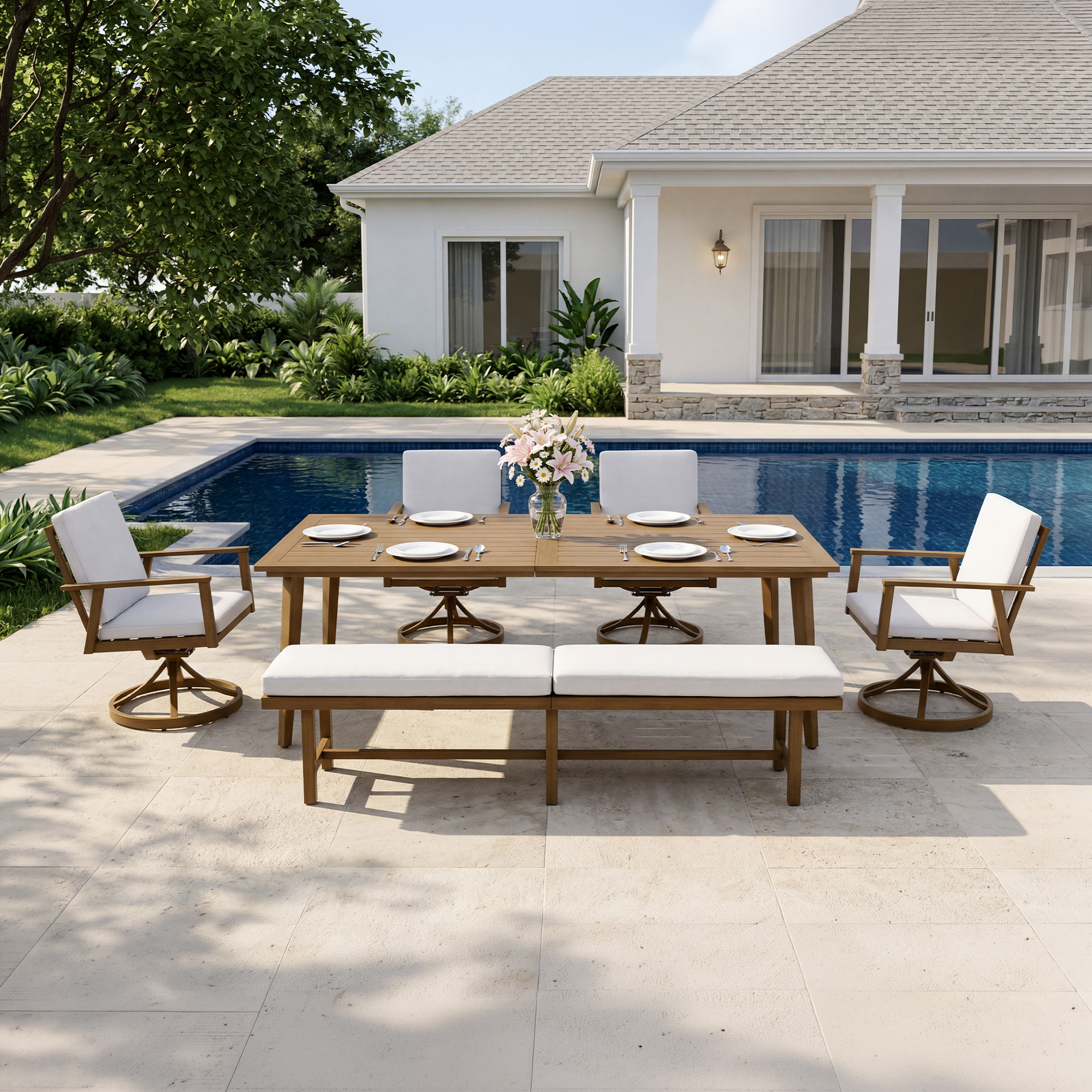 6-Piece Aluminum Patio Dining Set with 76" 3-Seater Bench - DS086
