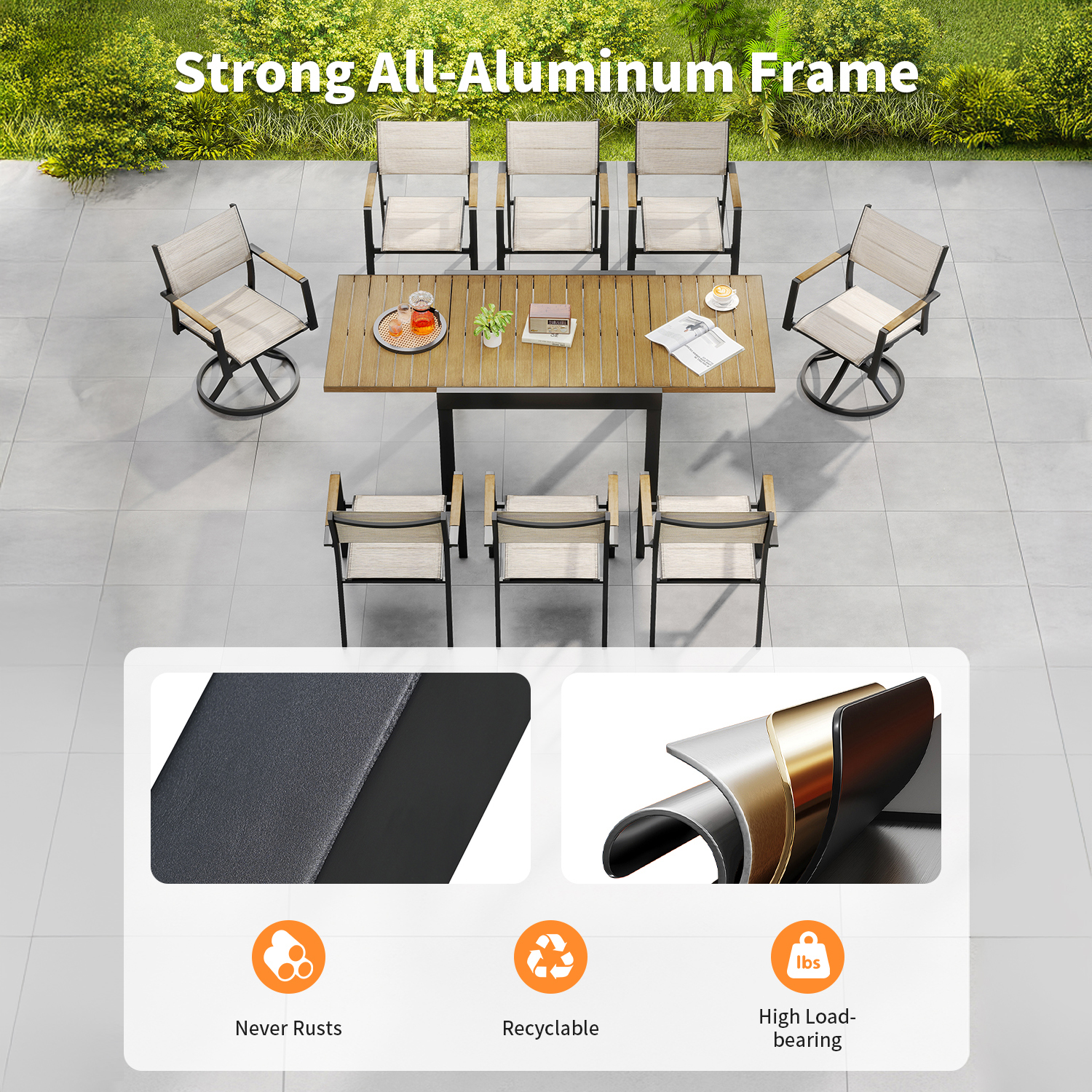 9-piece Extendable Outdoor Dining Set with Swivel Chairs for 8 person- DS065-2