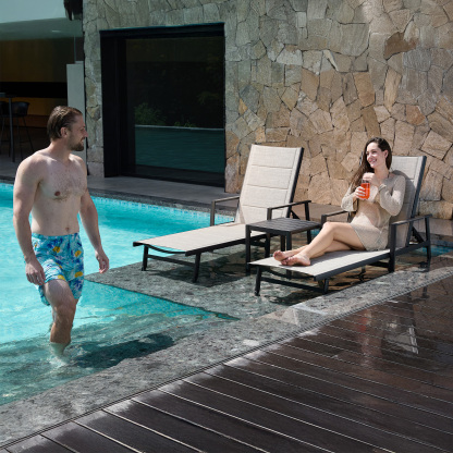 Modern outdoor lounge chairs with beige fabric - Seehill