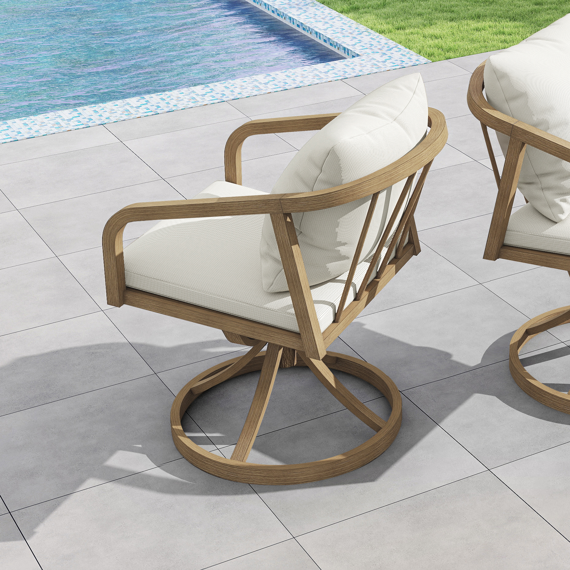 Outdoor dining swivel chair with cushioned seat and wooden wrap frame by the pool-Seehill