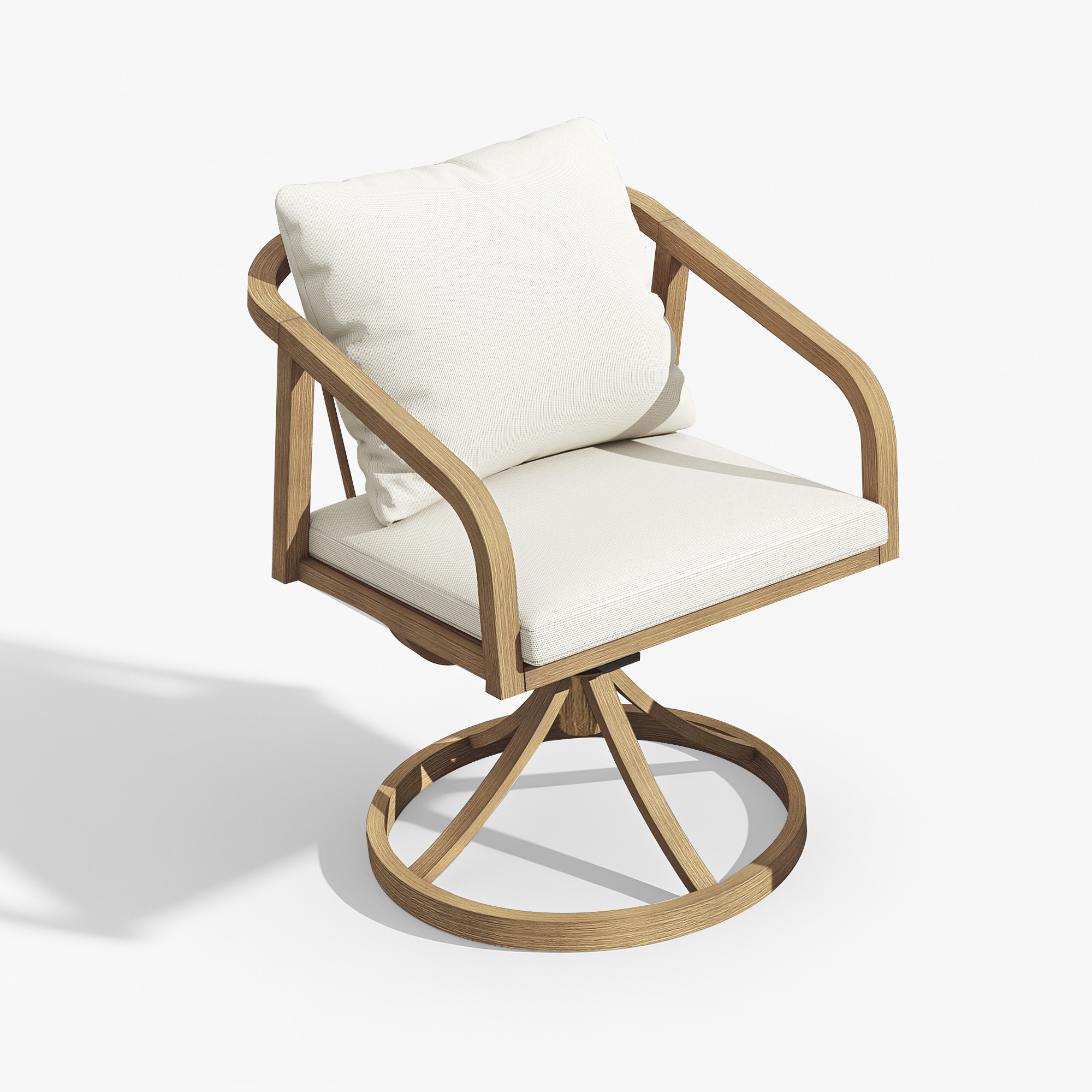 Swivel patio dining chair with wooden frame and white cushions on white background -Seehill