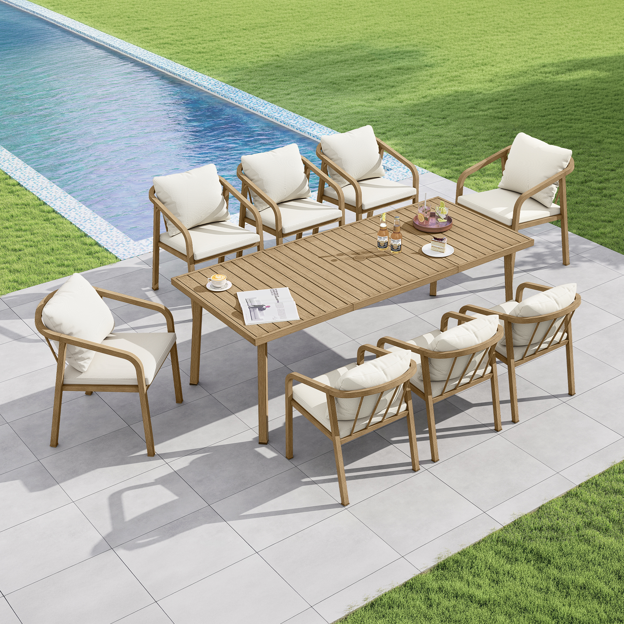 Outdoor dining set with cushioned chairs arranged around a wooden table by the pool-Seehill