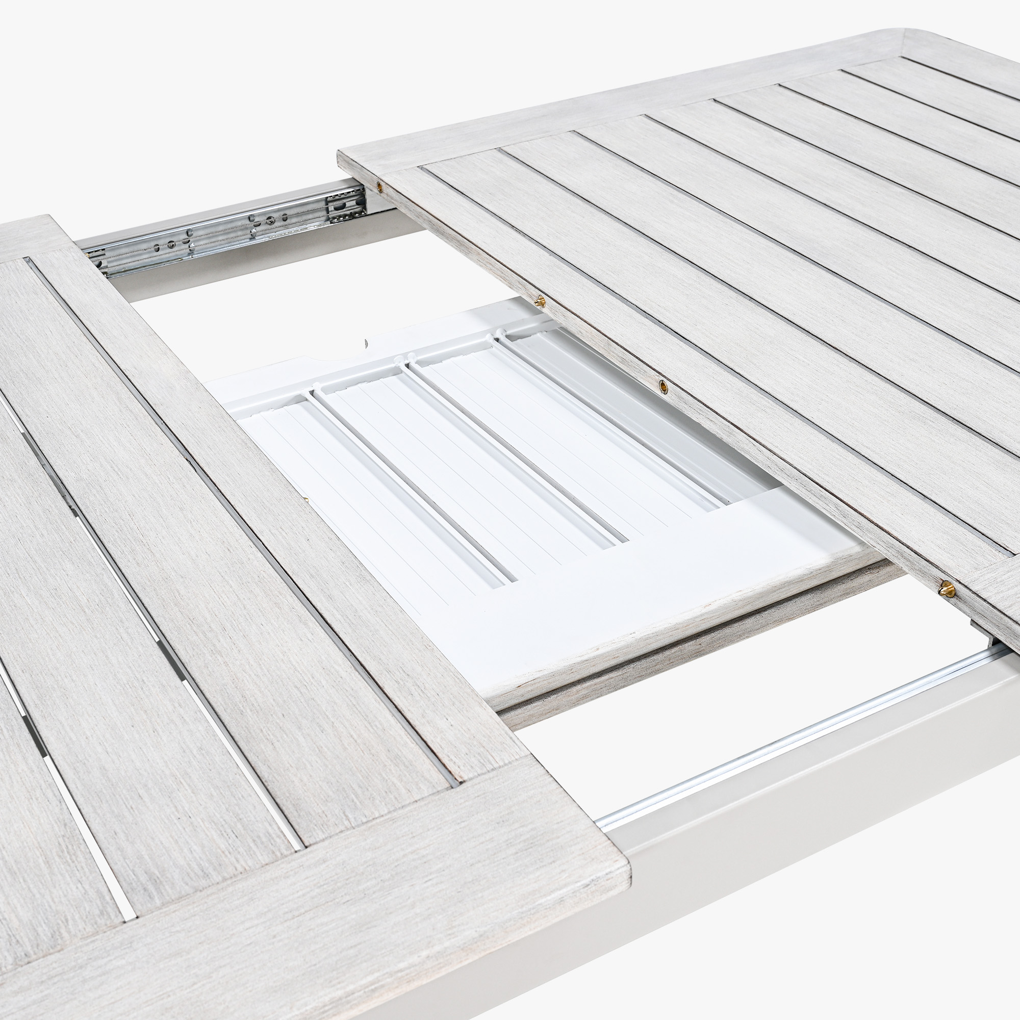 Close-up of an expandable patio dining table with a U-shaped extension mechanism on white ba-Seehill