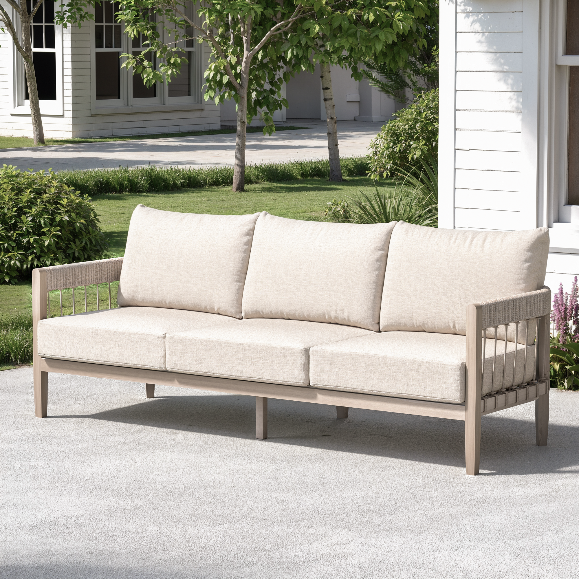 3-Seater Patio Outdoor Sofa with Faux Wood Grain Frame - C038