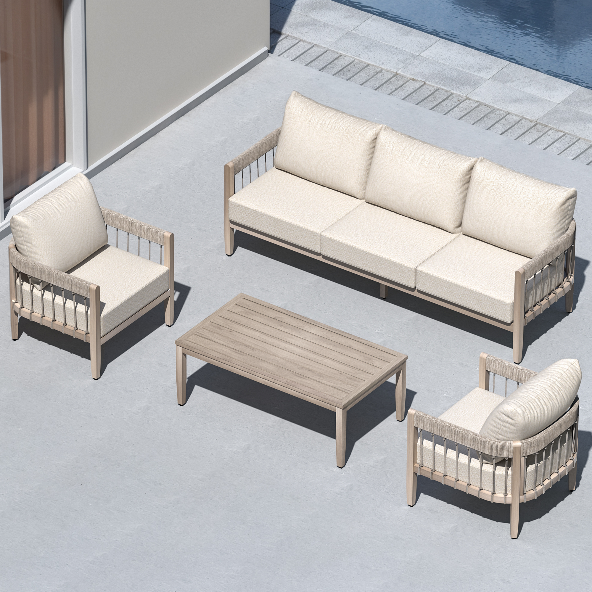 Outdoor patio set with cushioned sofa and chairs around a faux wood grain table-Seehill