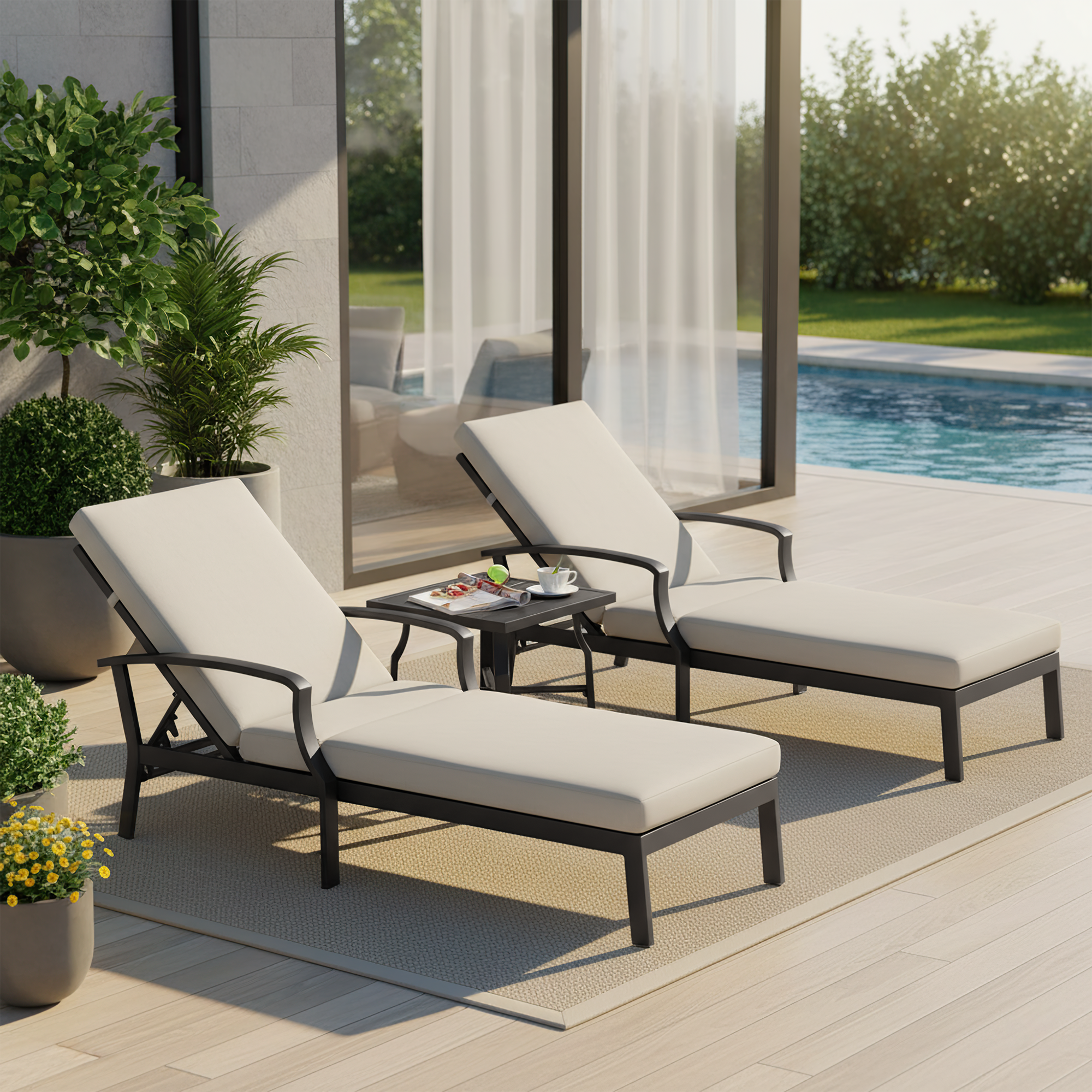 Two adjustable outdoor lounge chairs with beige cushions and a small black side table by the-Seehill