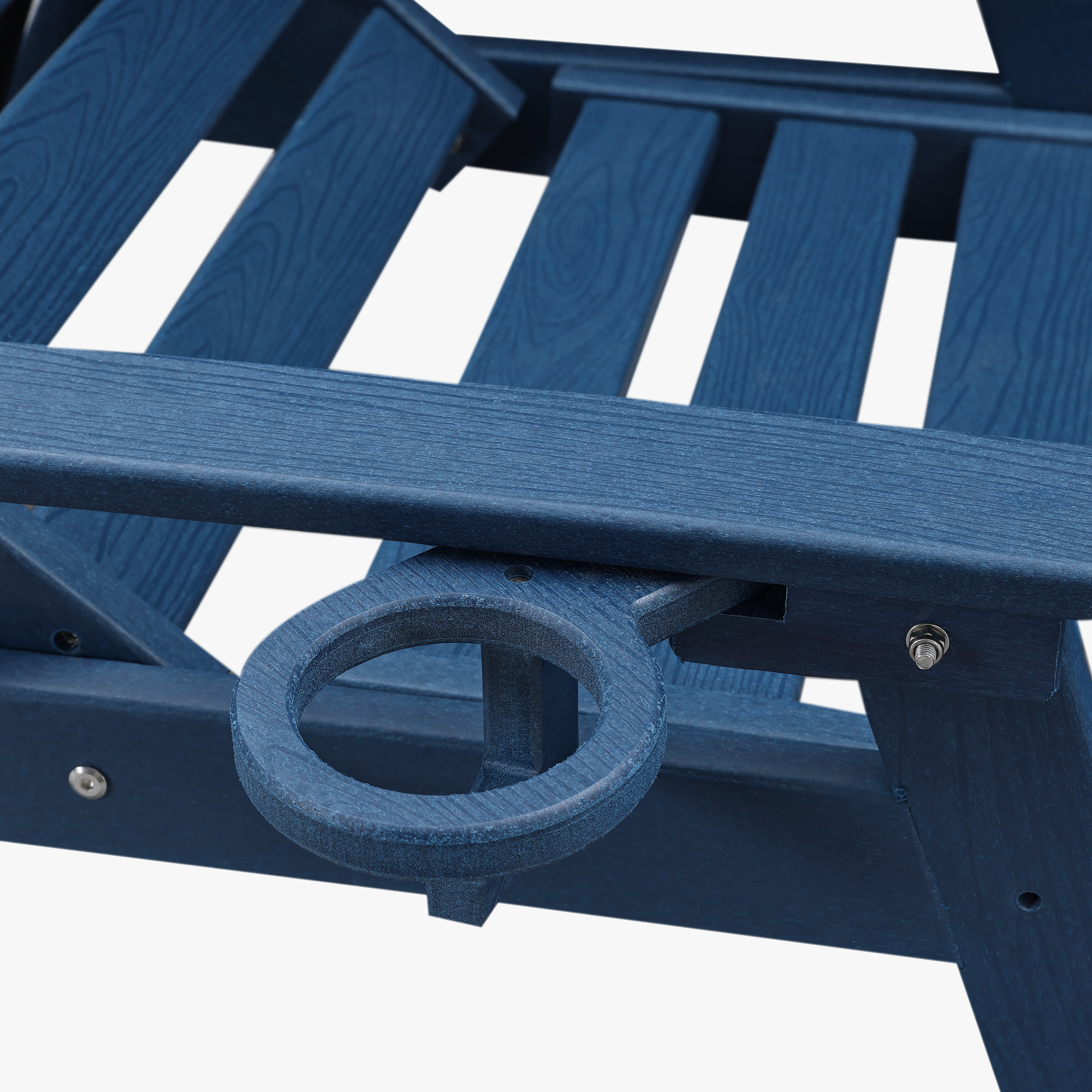 Close-up of blue HDPE patio lounge cup holder and slatted frame detail -Seehill