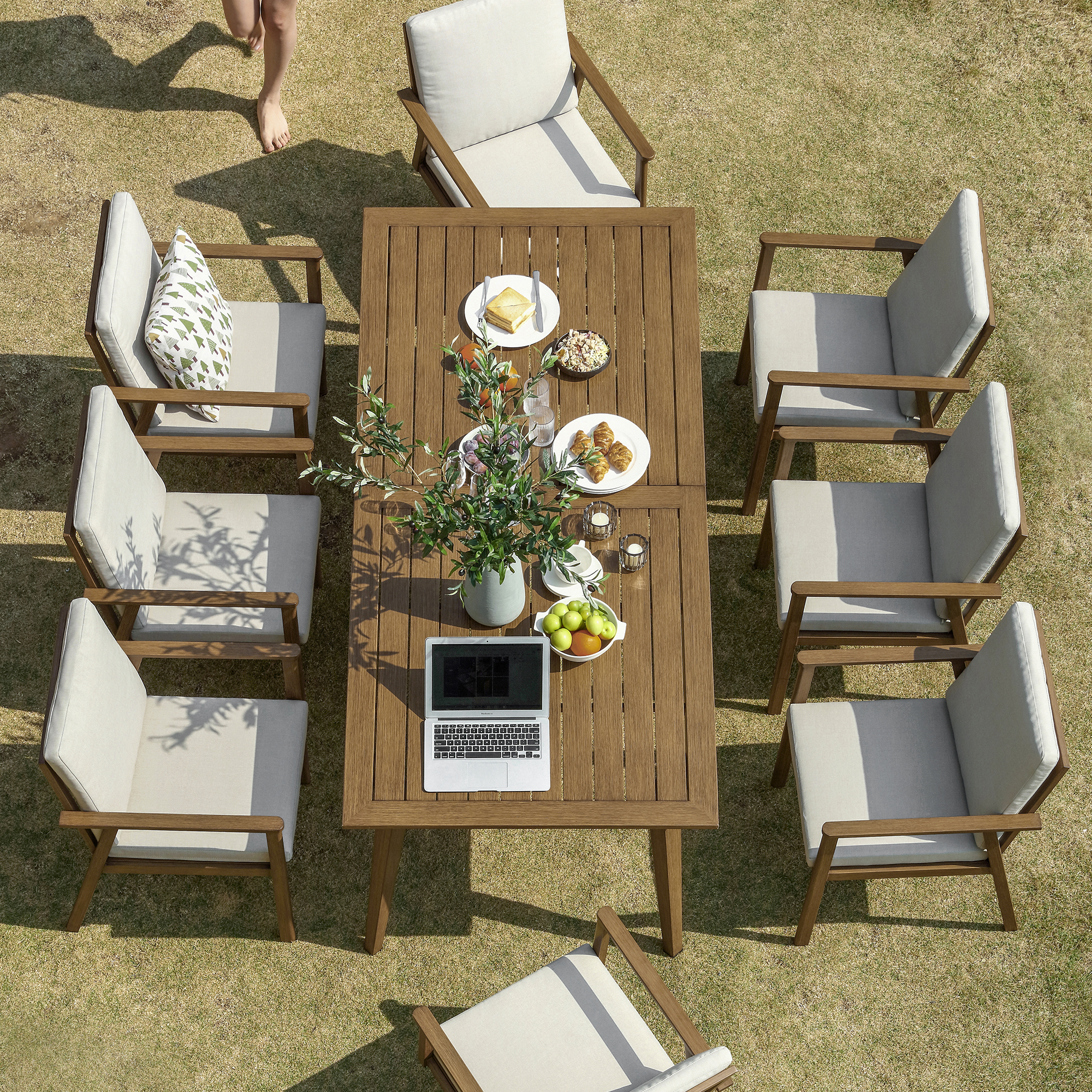 Modern Person Outdoor Dining Table Aluminum Umbrella Hole All Weather highlighting modern teak materials. - Seehill