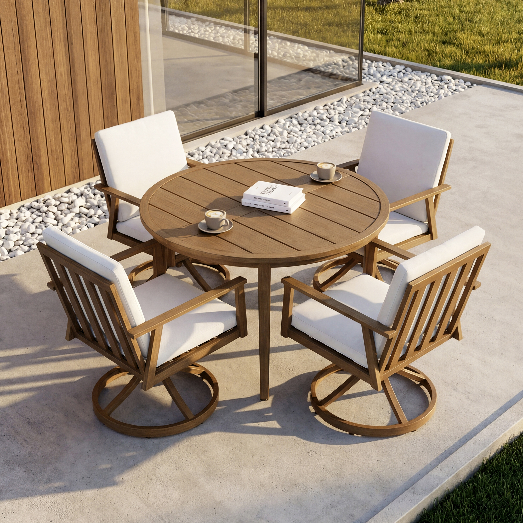 Round aluminum patio dining table with umbrella hole and four cushioned swivel chairs-Seehill