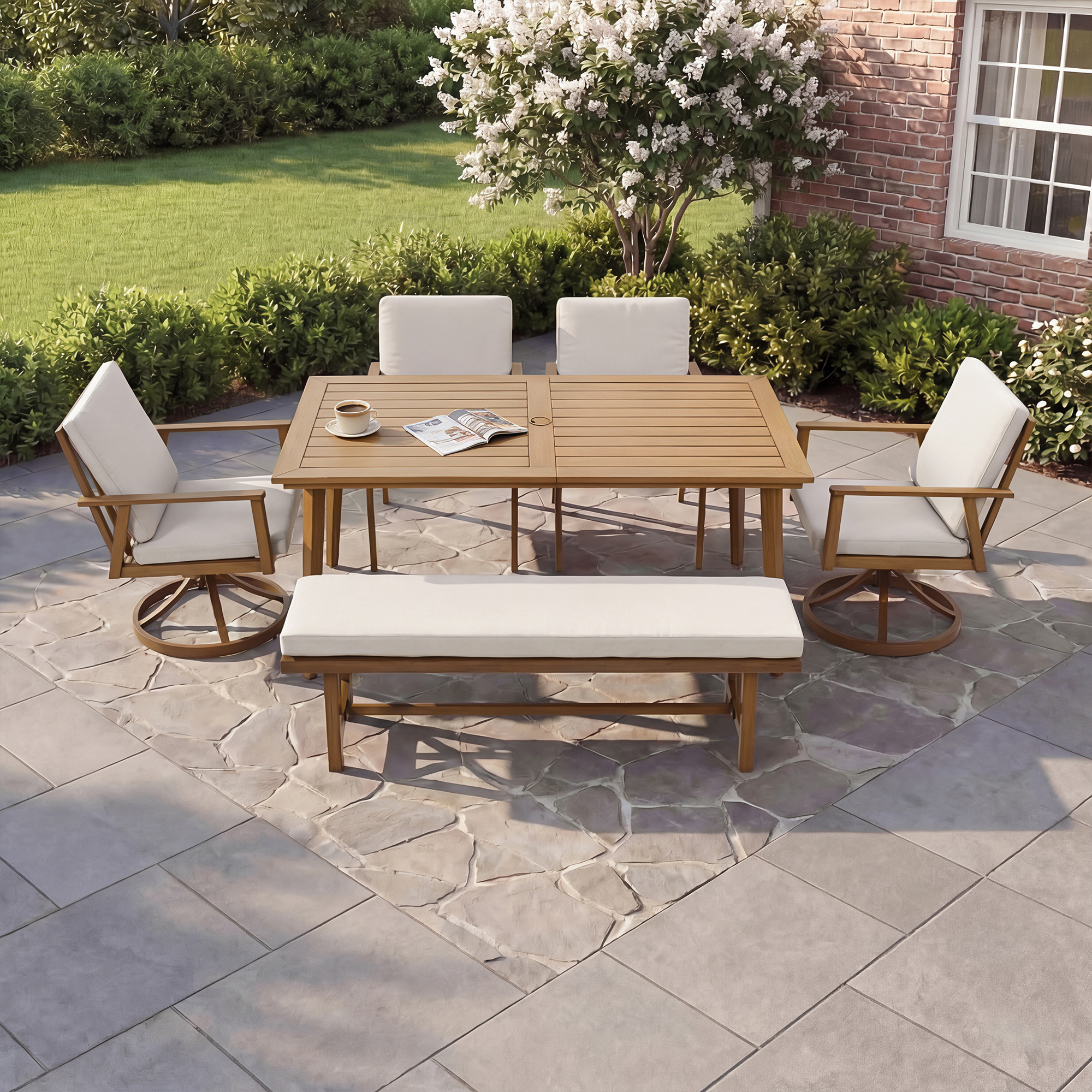 Aluminum Outdoor 6-Person Dining Table Set with 57'' Bench