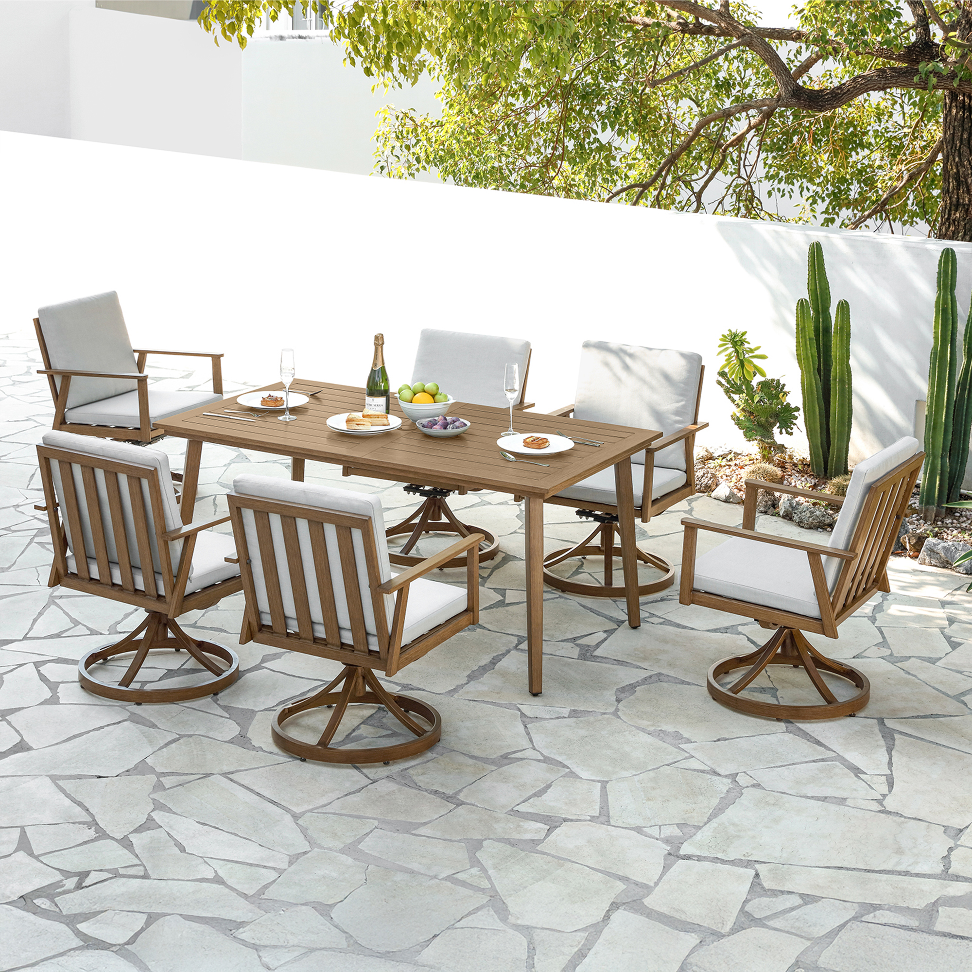 7-Piece Outdoor Patio Dining Set Aluminum All-Weather 8 Swivel Chairs 360° Umbrella Hole-DS005-2