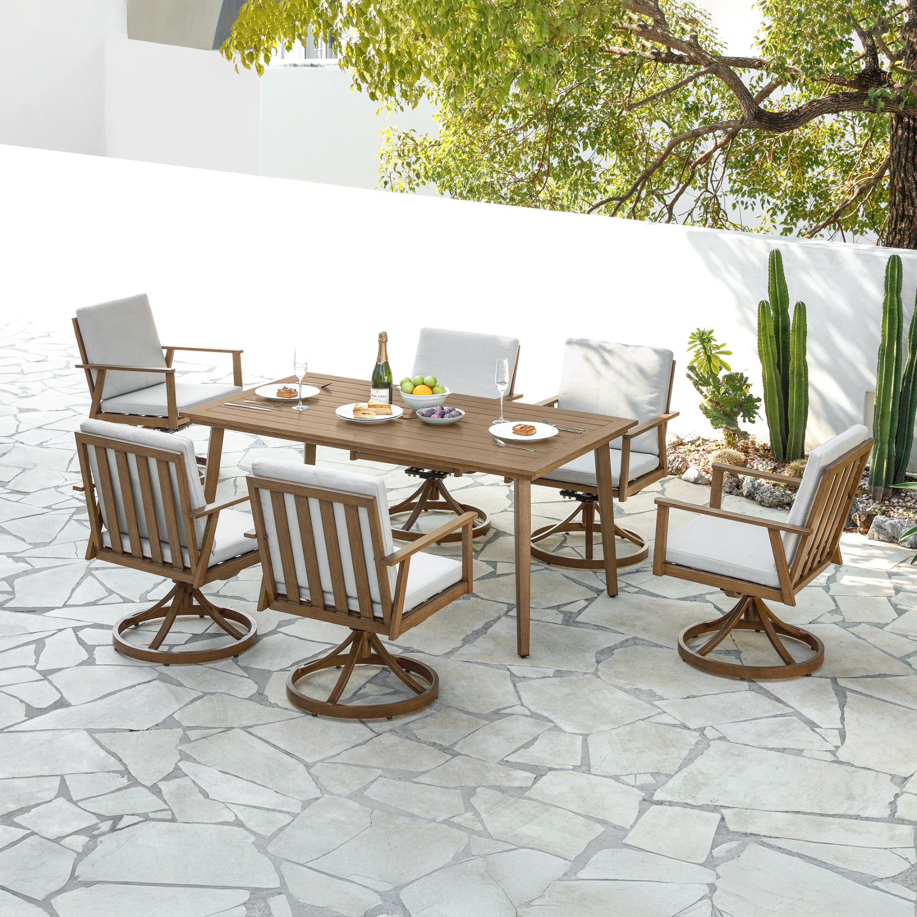 Outdoor wooden dining set with 6 swivel chairs and cushioned seats - Seehill