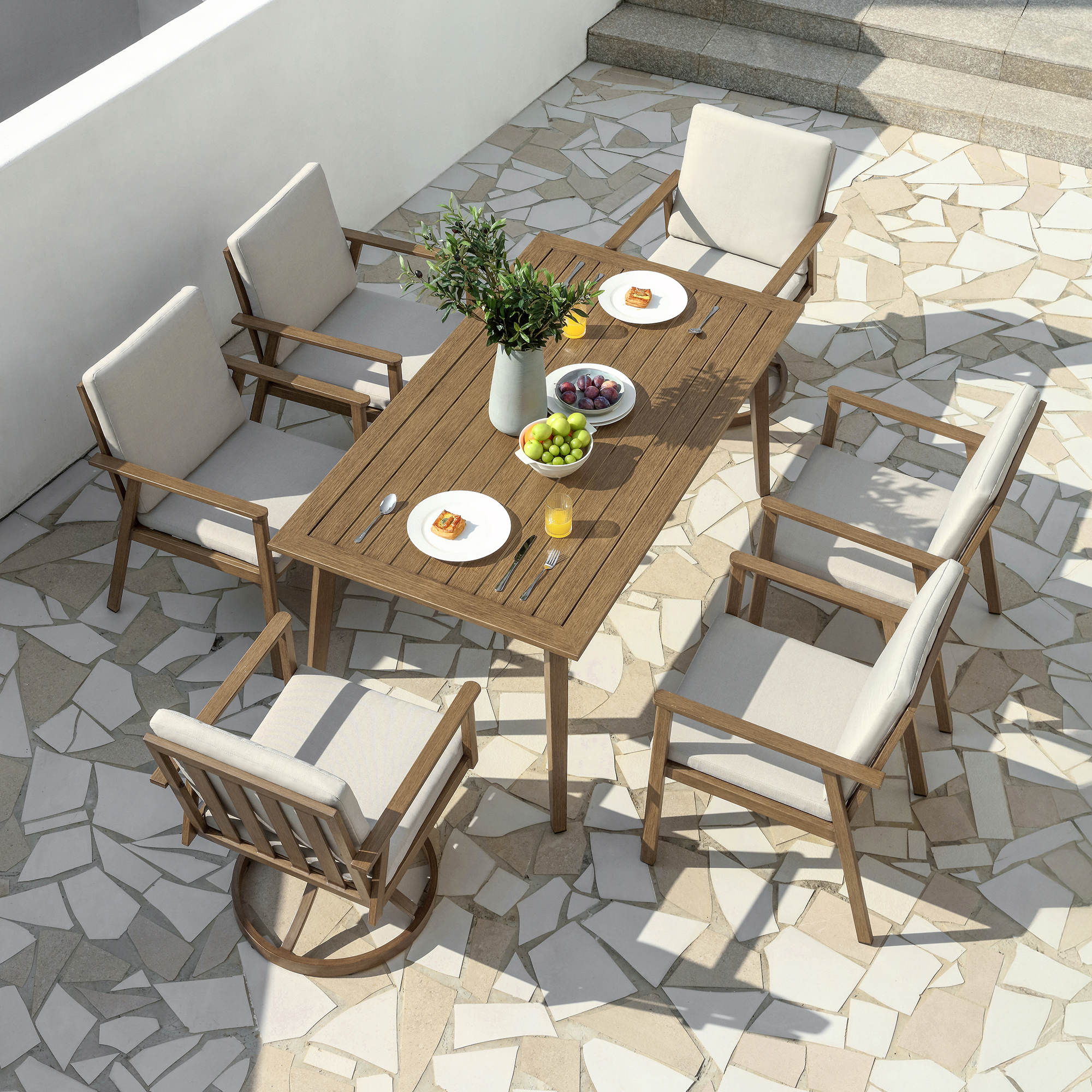 Modern teak outdoor dining set with cream cushions - Seehill