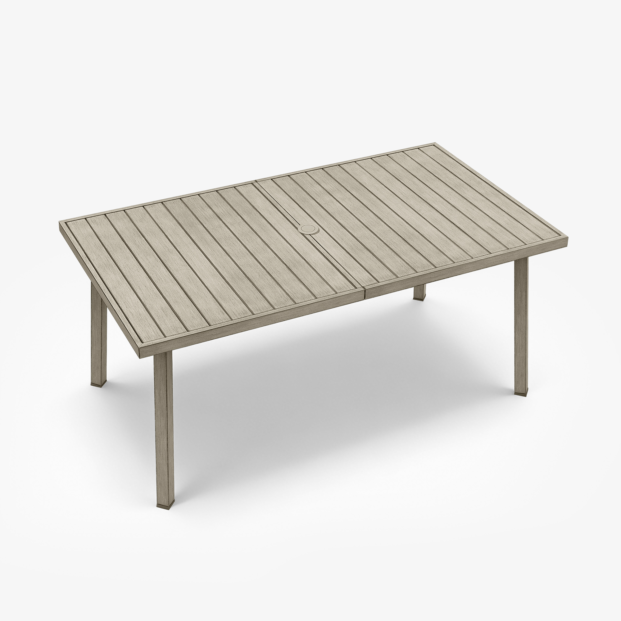 Rectangular patio dining table with umbrella hole and slatted wood design on white-Seehill