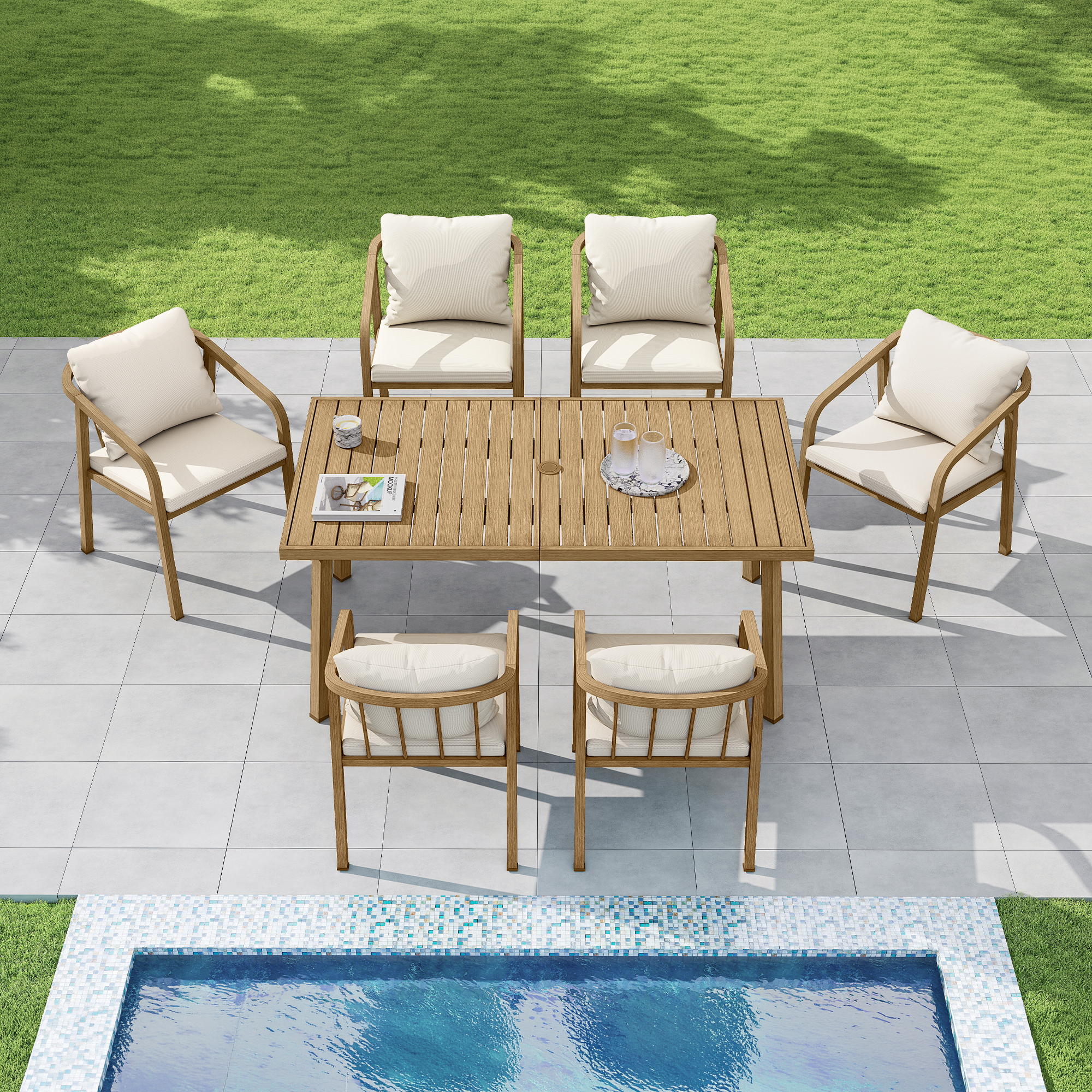 Outdoor patio dining set with cushioned chairs and wooden table by the poolside-Seehill