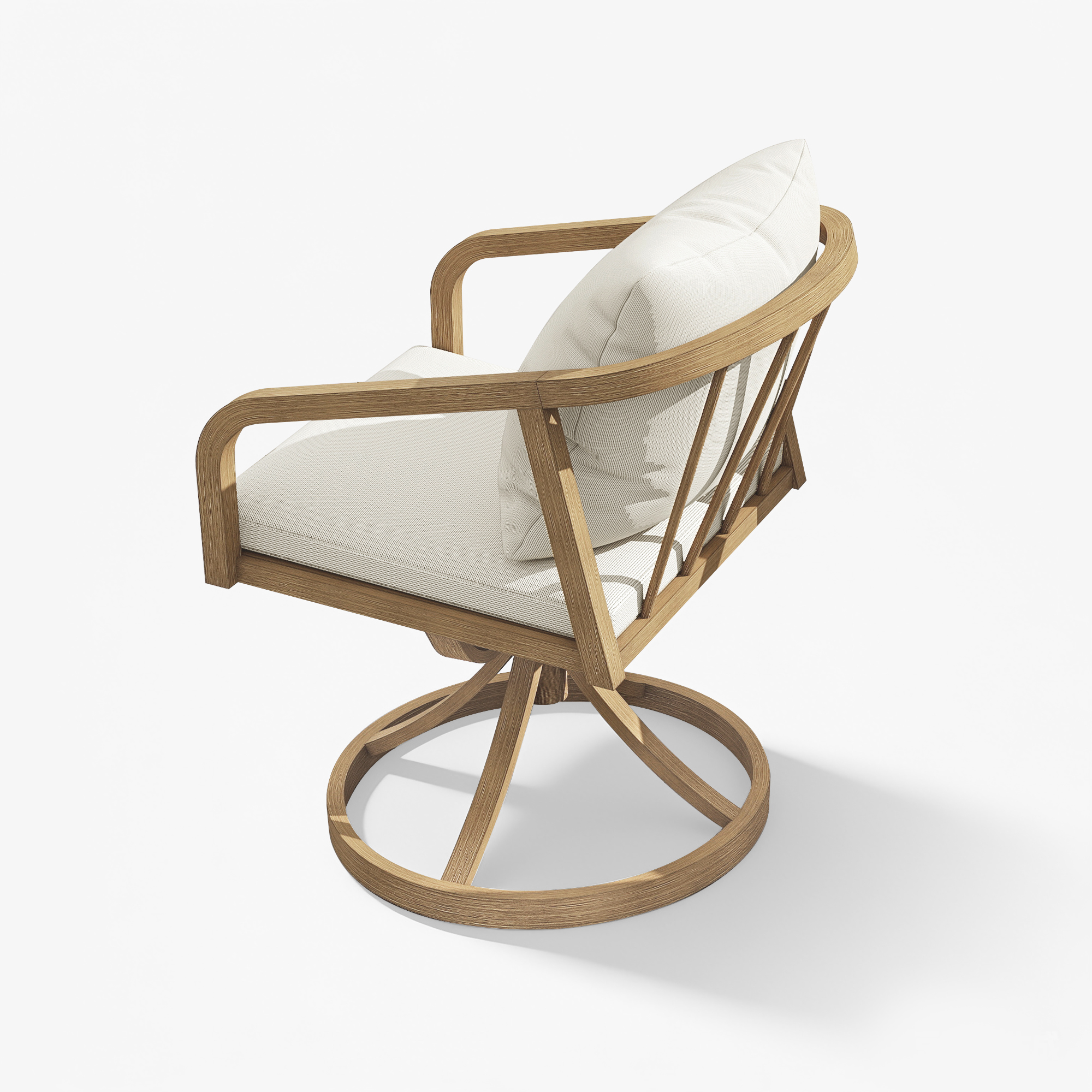 Swivel patio chair with wooden frame and cushioned seat in neutral fabric-Seehill