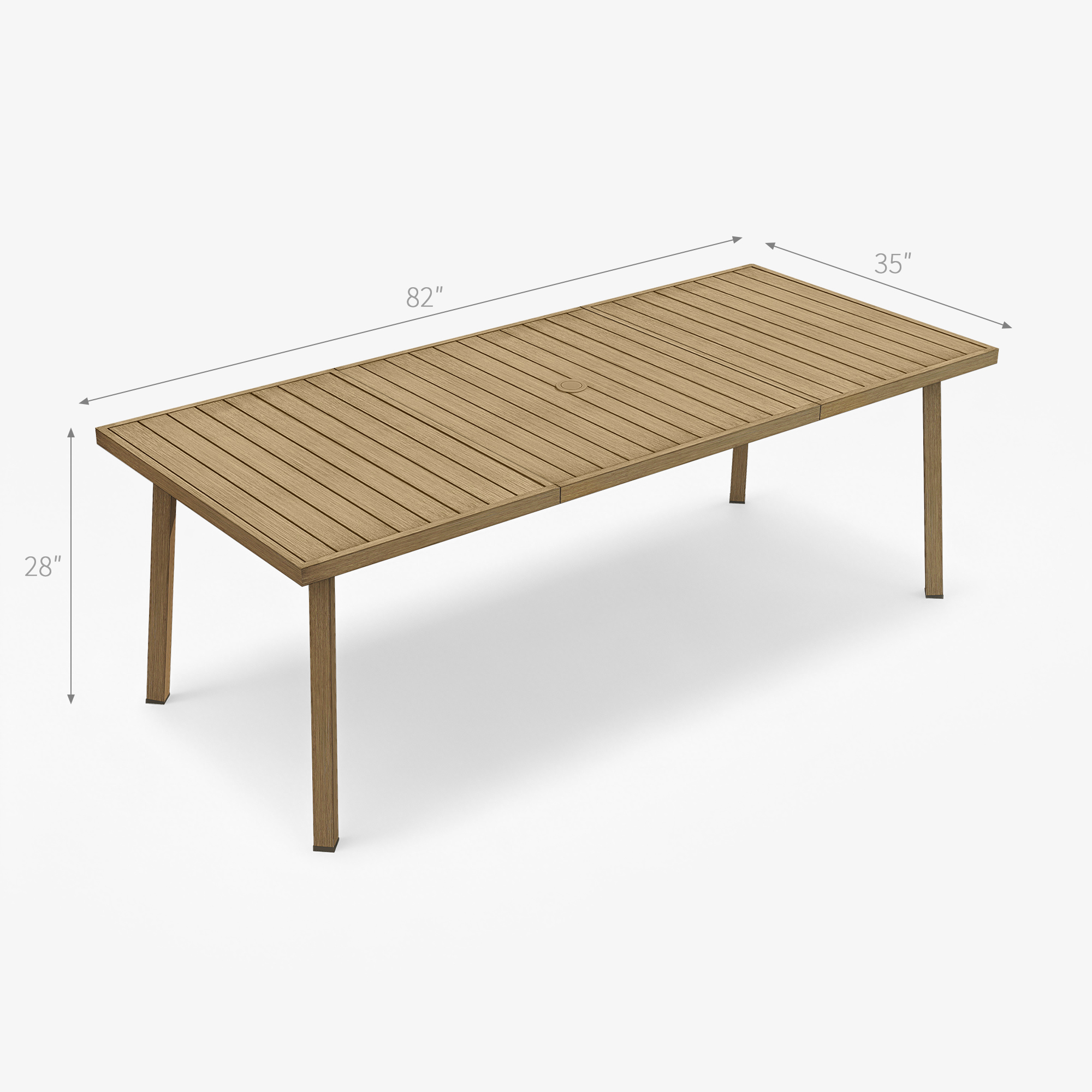 Wooden rectangle patio table with umbrella hole and slatted top on white background-Seehill