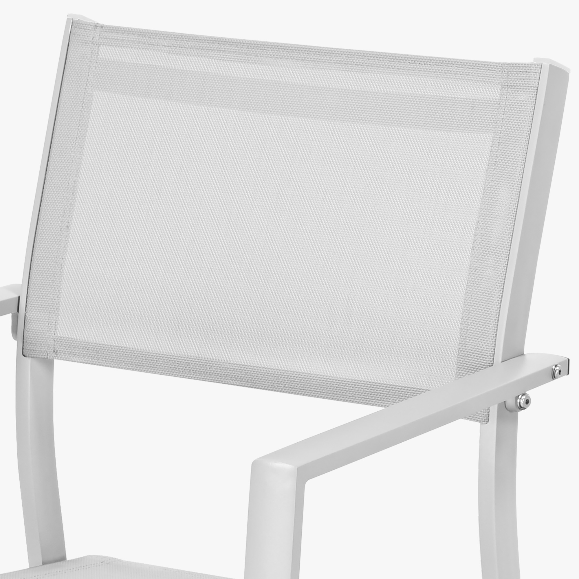 Close-up of white patio dining chair with breathable textile backrest and armrest -Seehill