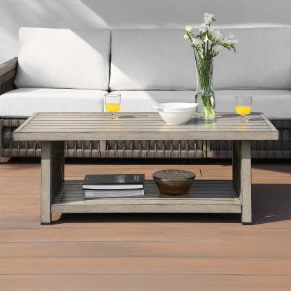 Outdoor wooden coffee table with storage shelf and modern design - Seehill