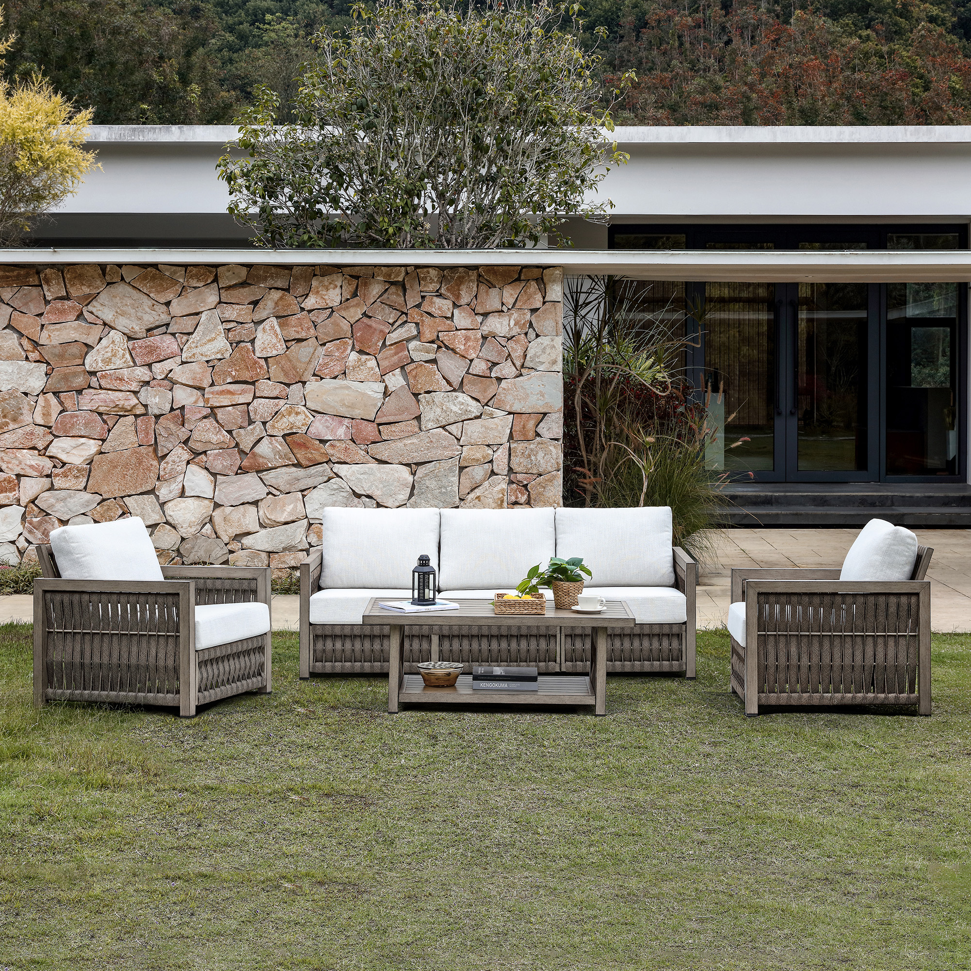 Weather-resistant woven rattan patio set with cream cushions - Seehill