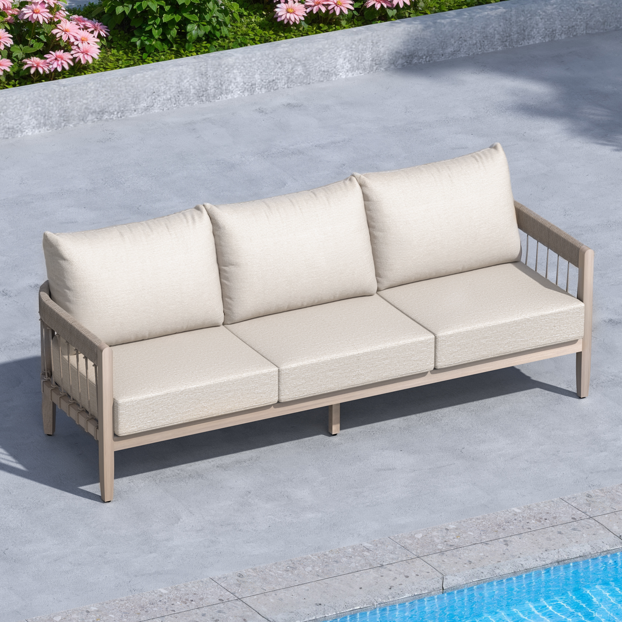 Three-seater outdoor sofa with beige cushions and faux wood grain frame by the pool-Seehill