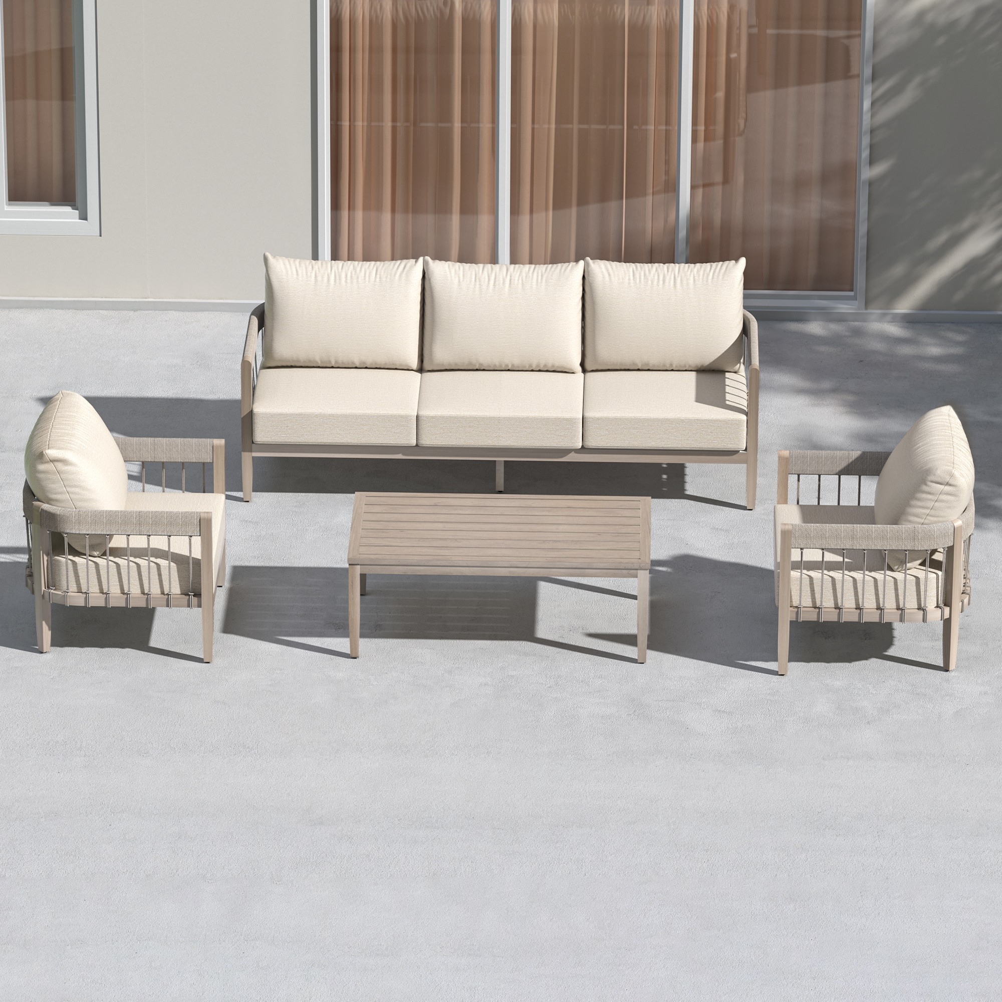 Outdoor patio set with cushioned sofa and chairs arranged around a wood grain table-Seehill
