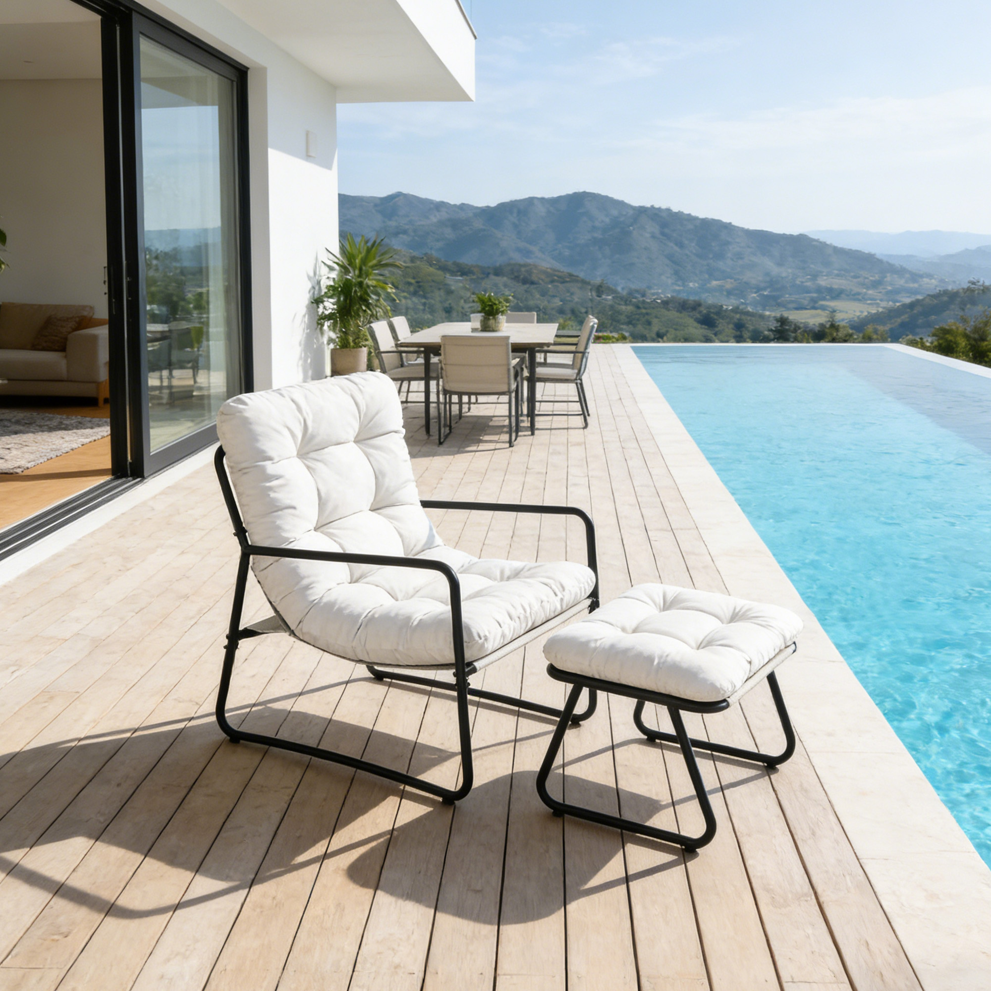 Modern metal patio rocking chair with cushioned seat and matching ottoman by the pool-Seehill