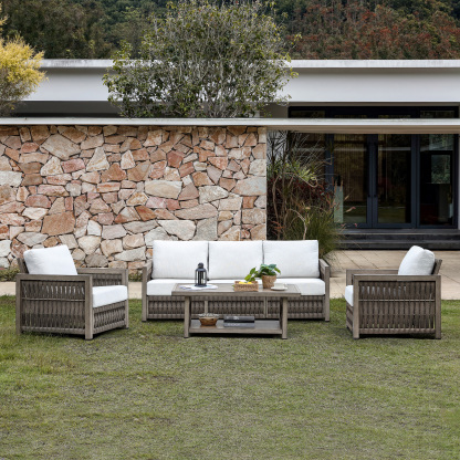 Weather-resistant woven rattan patio set with cream cushions - Seehill