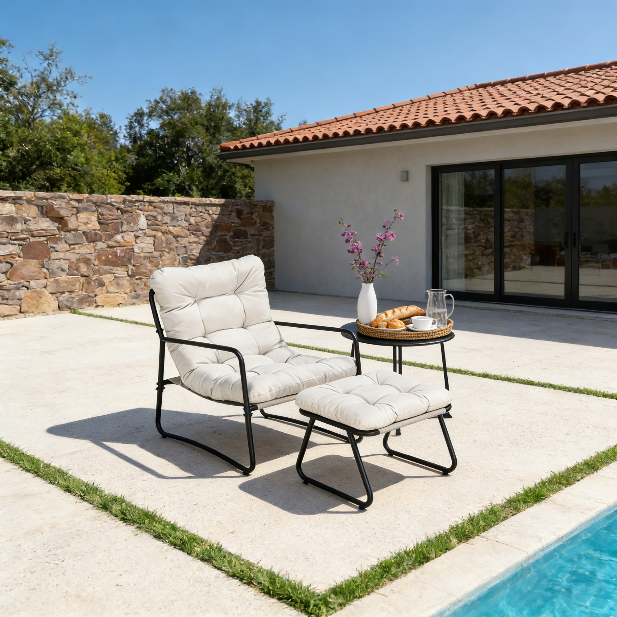 Modern metal patio rocking chair set with cushioned seat and ottoman by the pool -Seehill