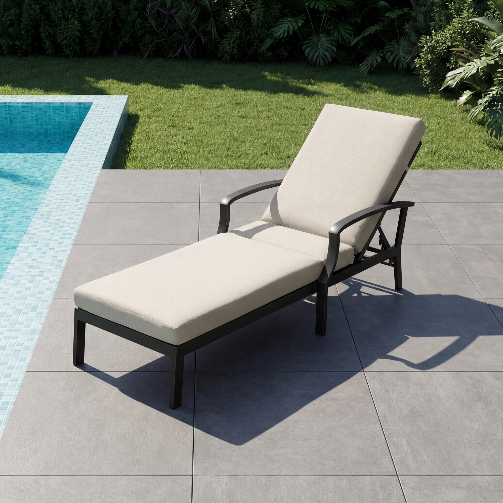 Beige cushioned patio lounge chair with adjustable backrest by the poolside on gray tiles -Seehill
