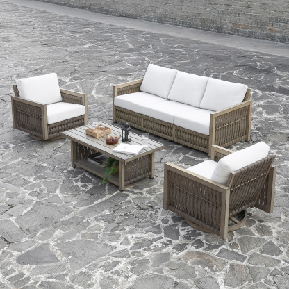 Rattan outdoor sofa set with white cushions, wooden frame - Seehill