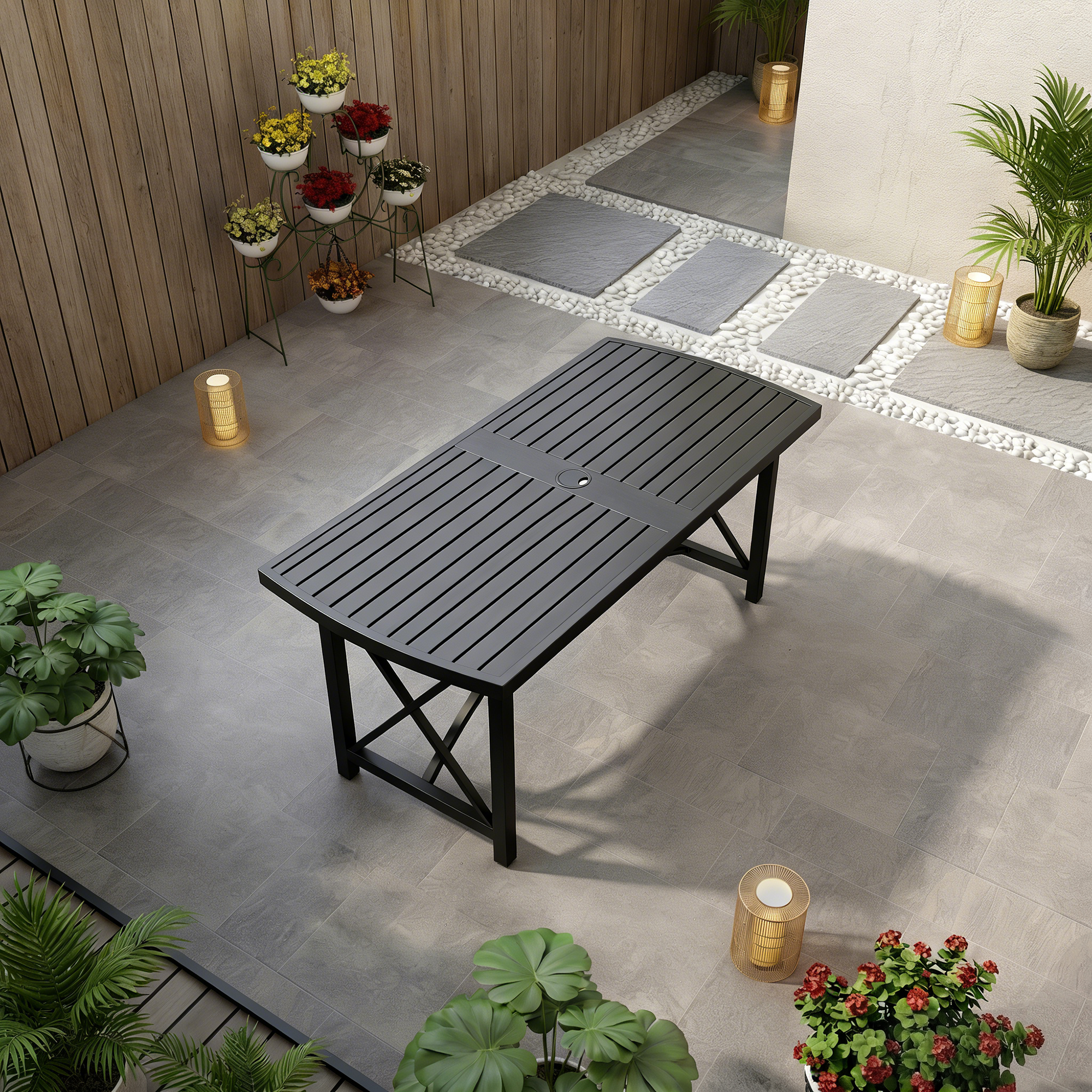 Patio Rectangle Dining Table with Umbrella Hole for 6 person - D026