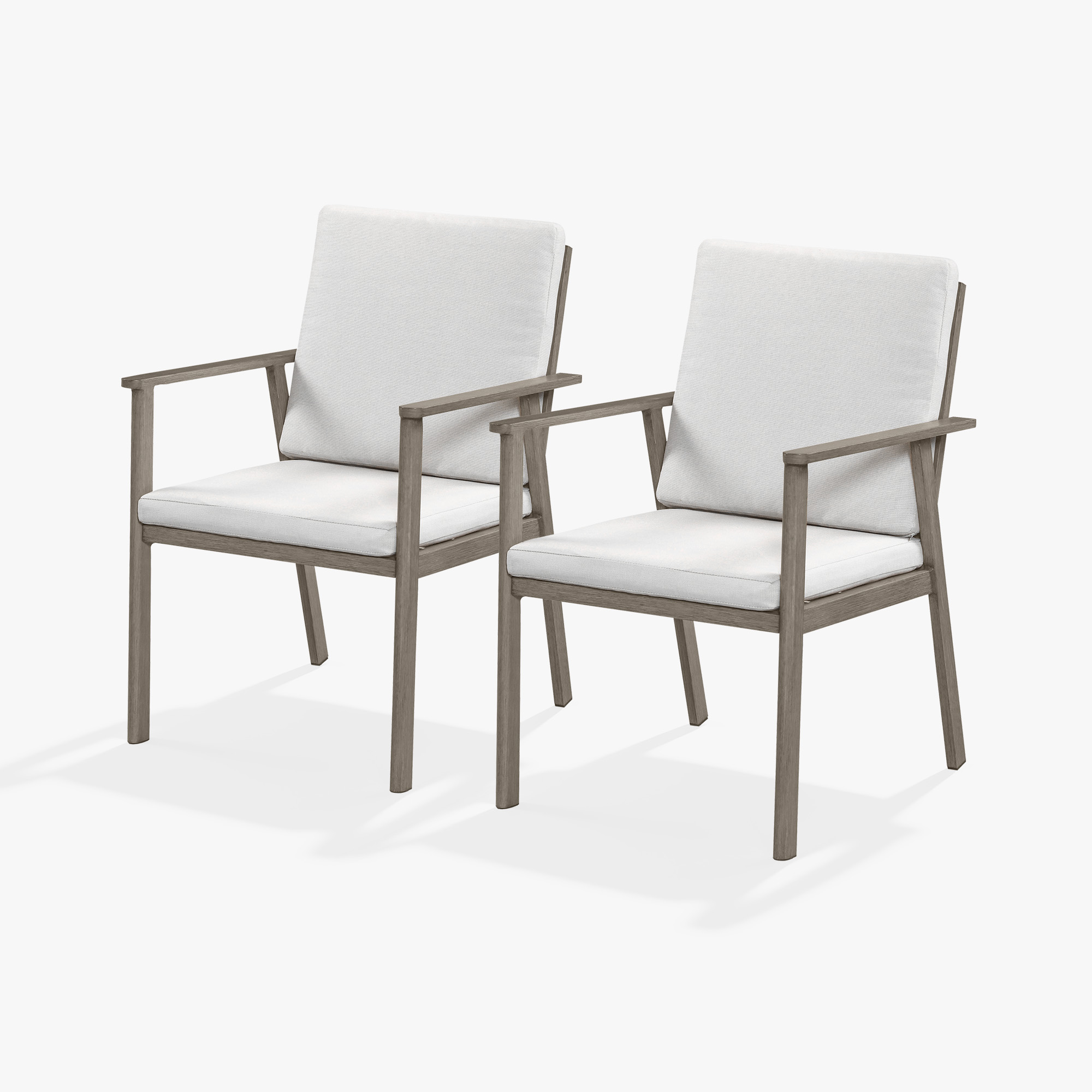 This stylish outdoor dining chair set features aluminum frames, thick cushions, all-weather materials, and modern wooden elements. - Seehill