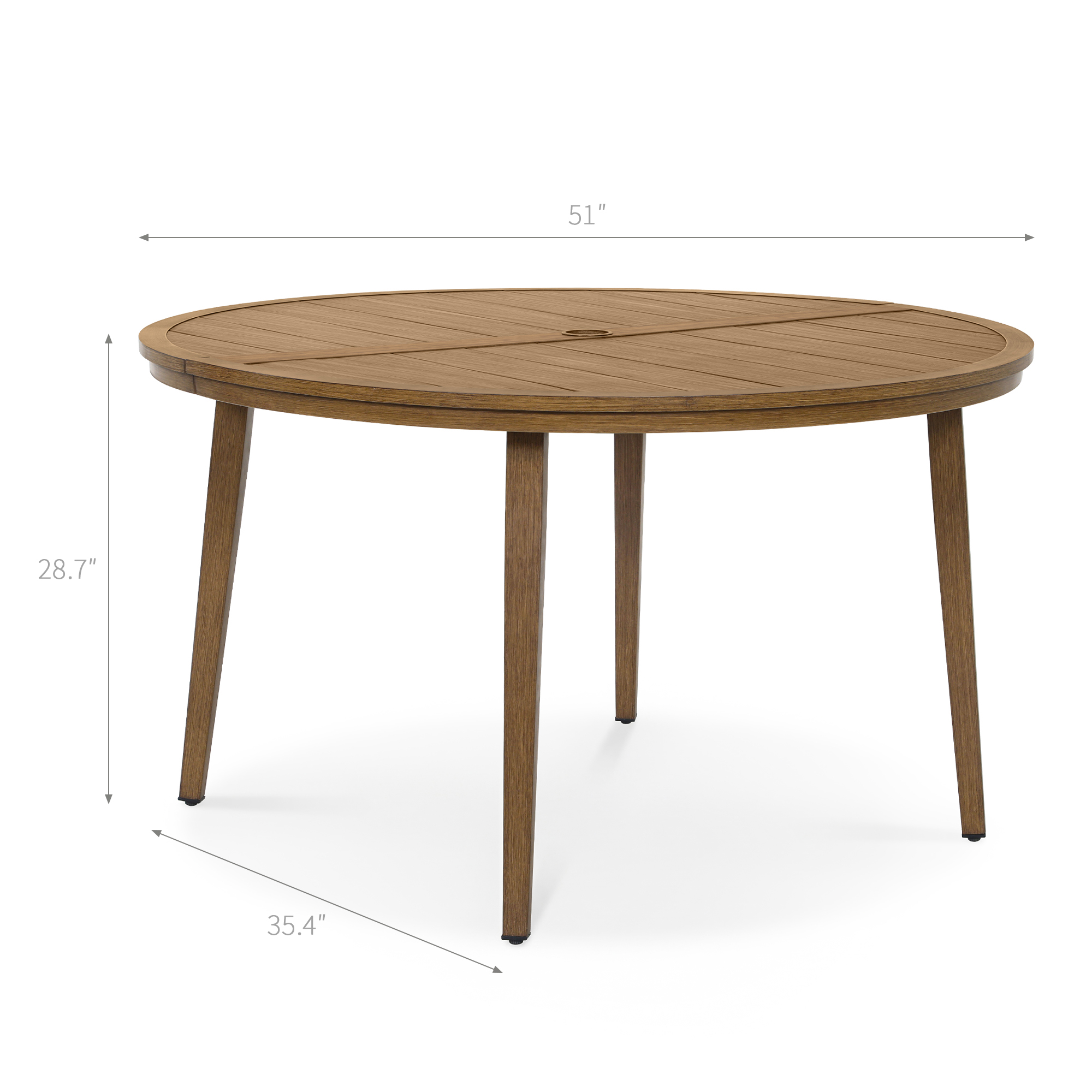 River Round aluminum patio dining table with wood finish and umbrella hole on white-Seehill