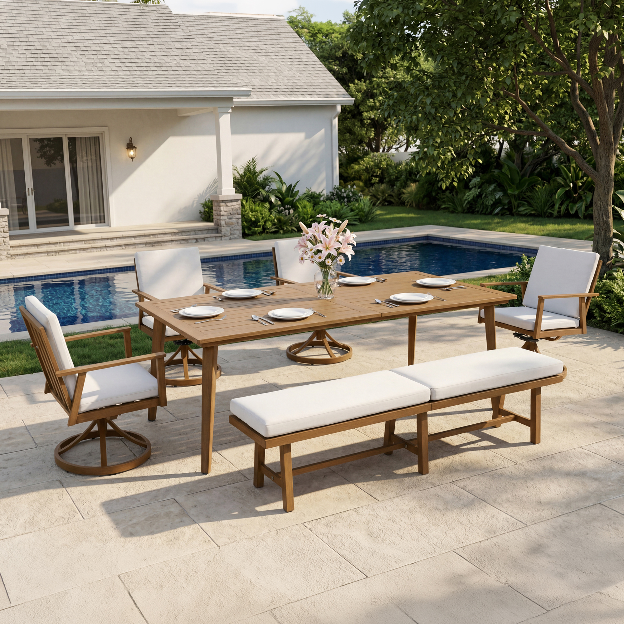 6-Piece Aluminum Patio Dining Set with 76" 3-Seater Bench - DS086