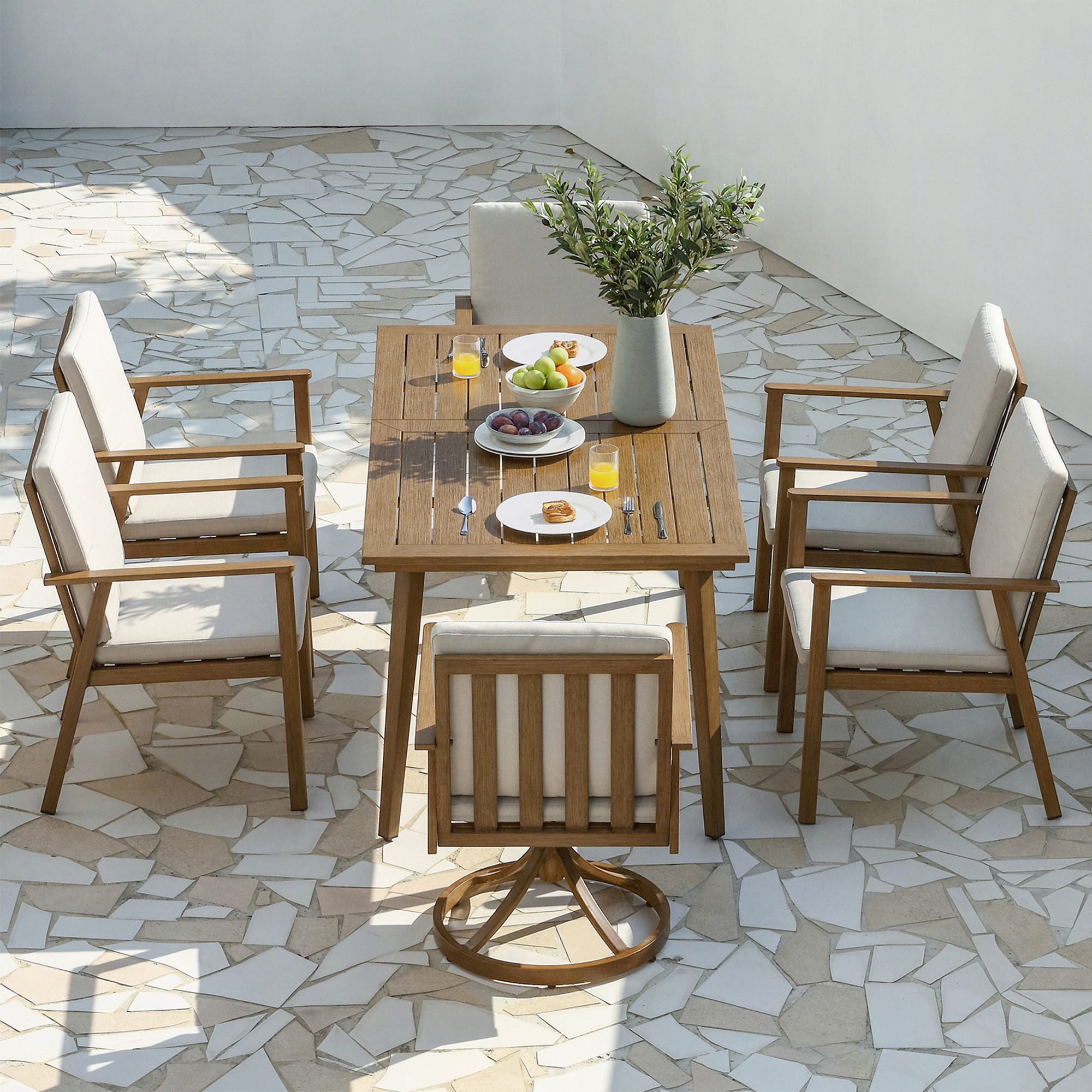 7-Piece Aluminum Outdoor Patio Dining Set All-Weather Umbrella Hole 2 Swivel Chairs 4 Dining Chairs-DS005-3