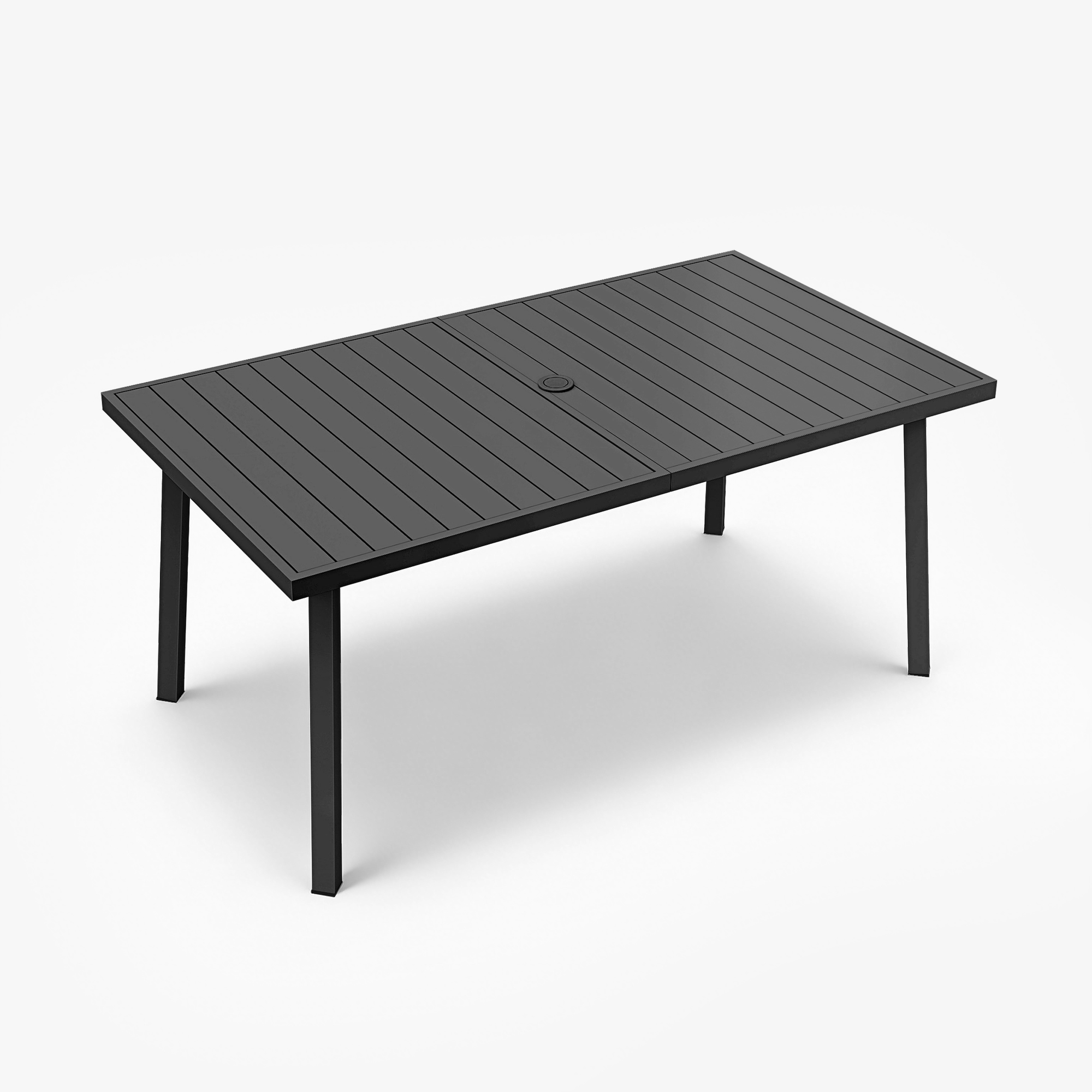 Rectangular patio dining table with umbrella hole and slatted top in black finish-Seehill