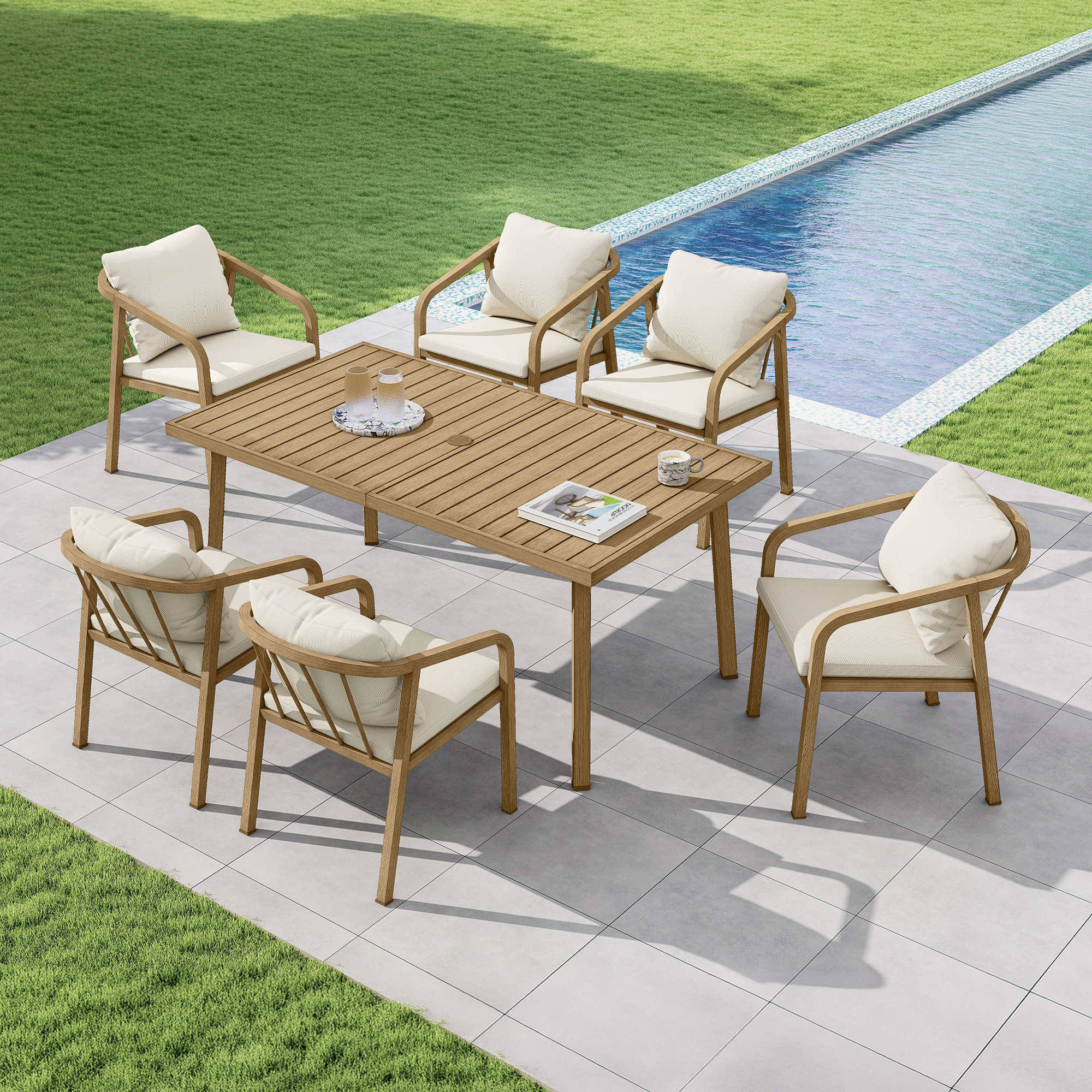 Outdoor patio dining set with cushioned chairs and wooden table by a poolside-Seehill