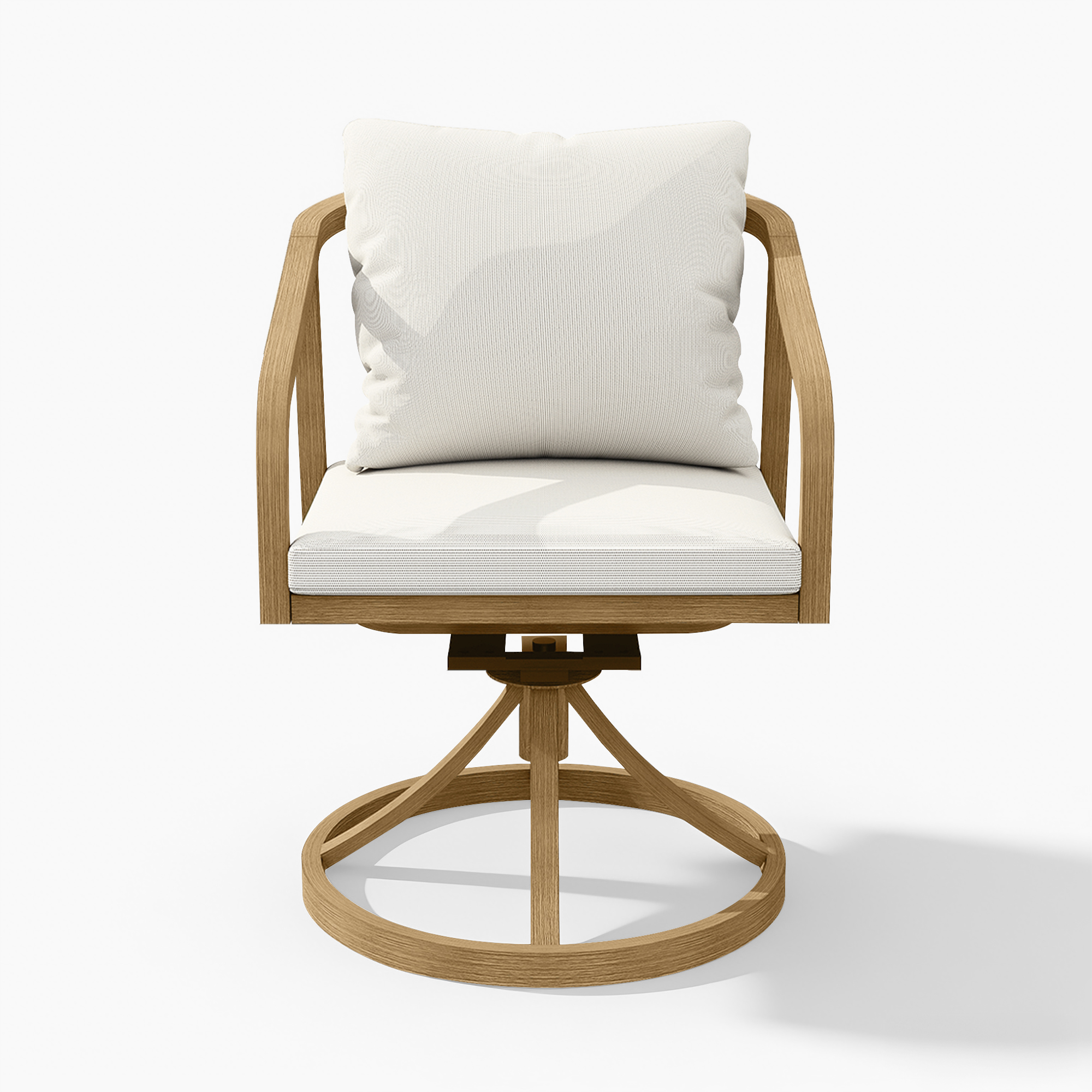 Swivel patio dining chair with wooden frame and white cushions on white background-Seehill
