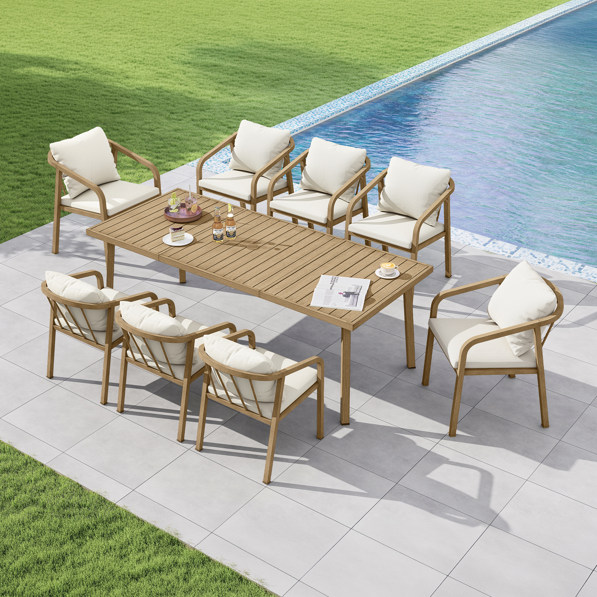 Outdoor dining set with cushioned chairs and wooden table by the pool on tiled patio-Seehill