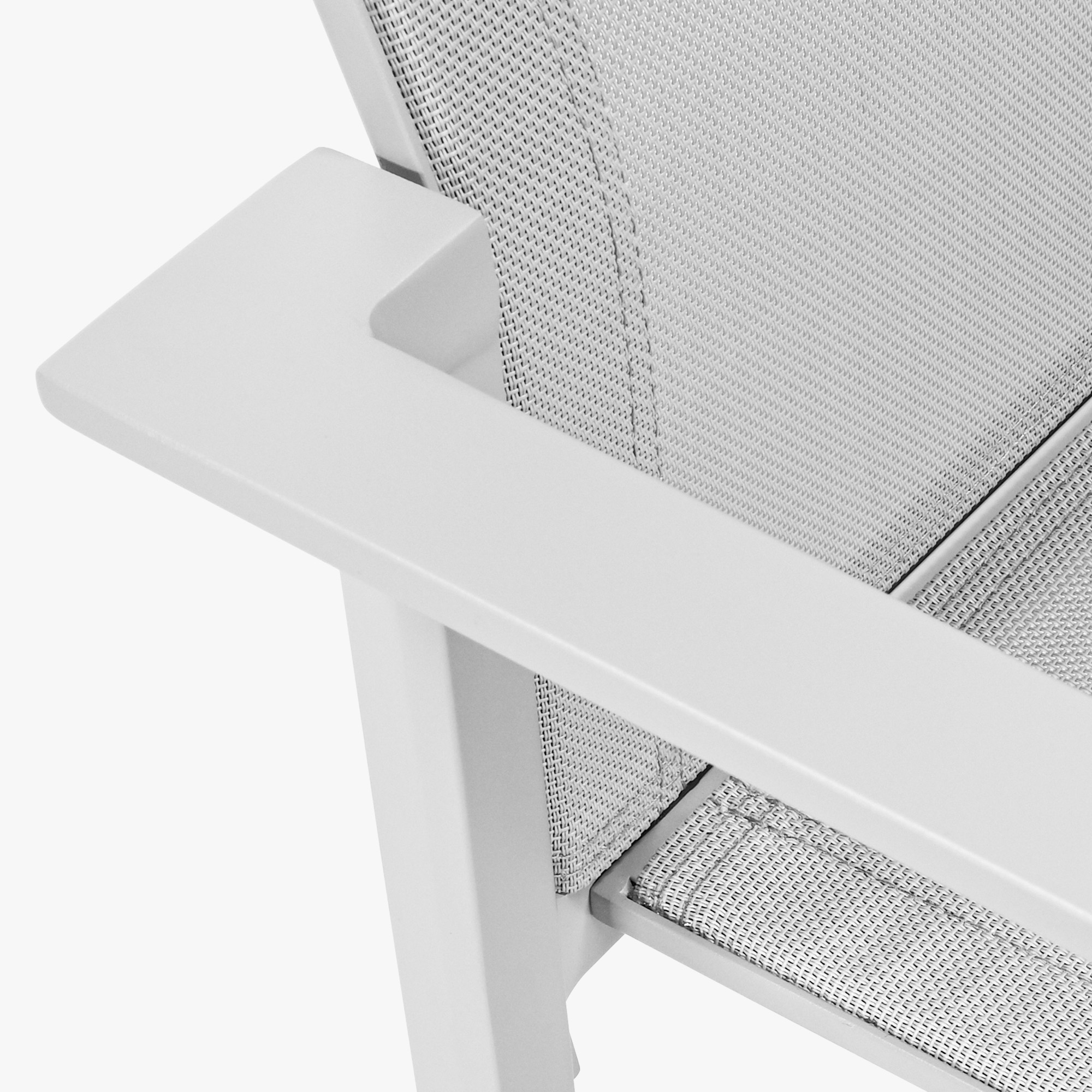 Close-up of white patio dining chair armrest and mesh fabric seat detail on white background-Seehill
