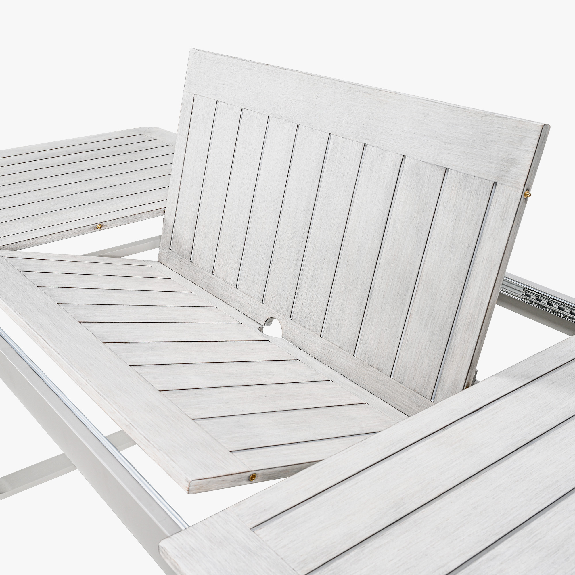 Close-up of white wood expandable patio dining table with slatted panels on white background-Seehill
