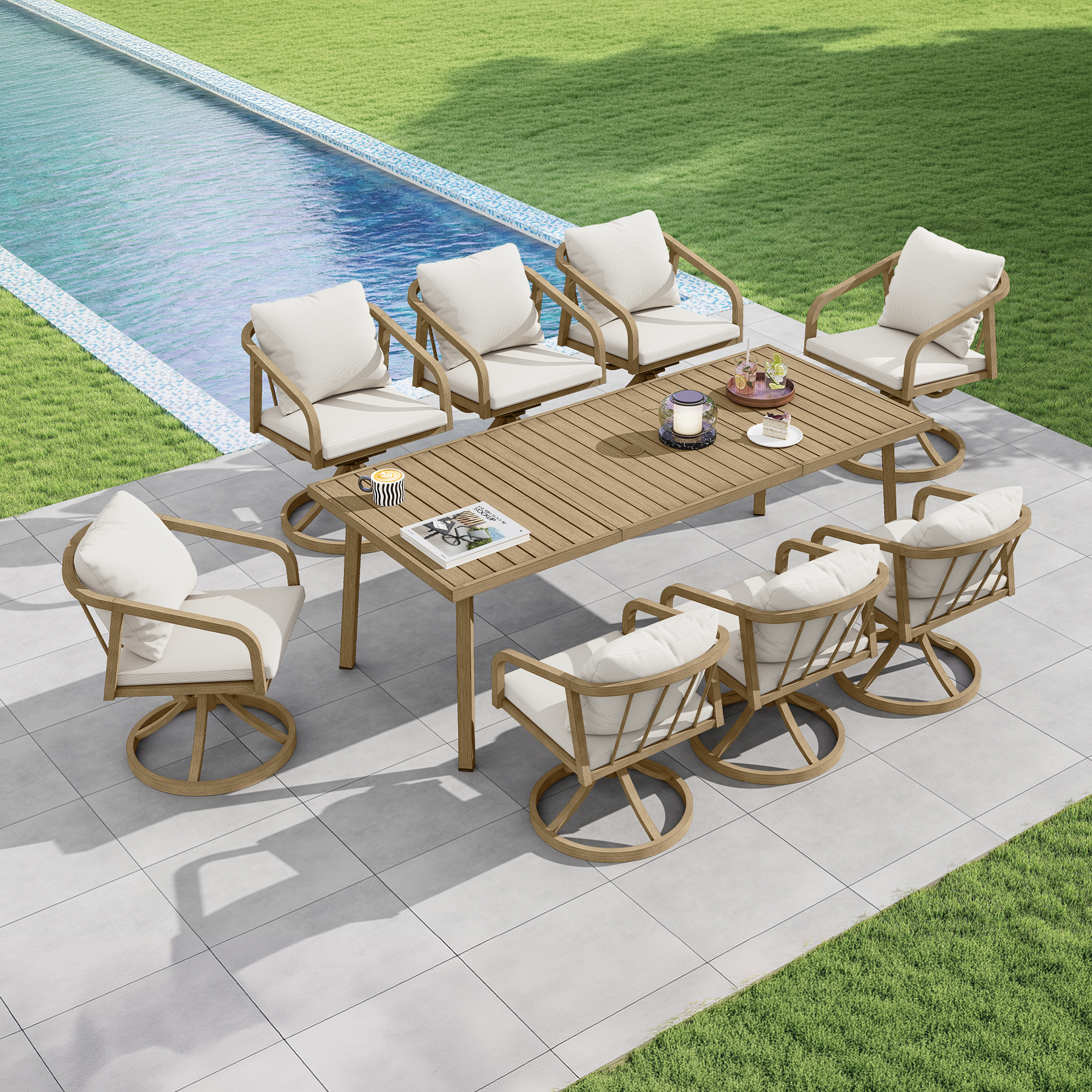 Outdoor dining set with cushioned swivel chairs arranged around a wooden table by the pool-Seehill