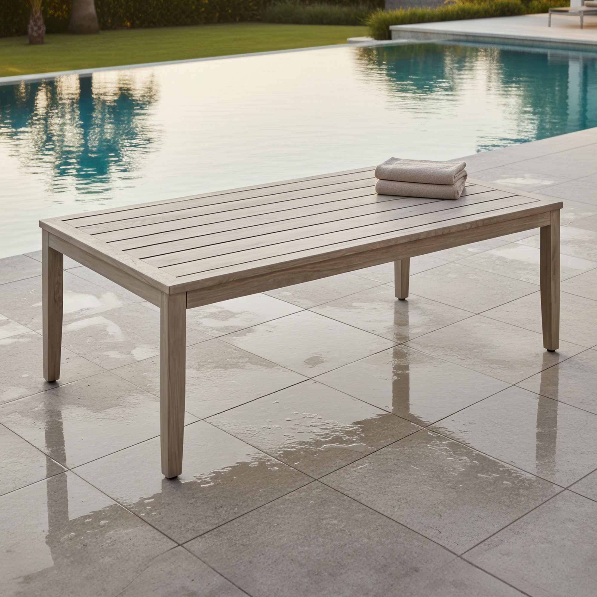 Outdoor patio coffee table with faux wood grain finish beside a pool with towels-Seehill