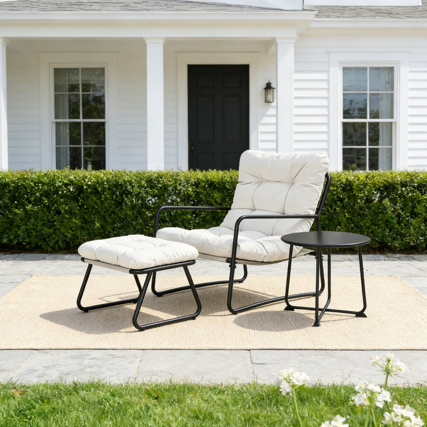 3-Piece Metal Comfy Modern Patio Rocking Chair Set with Ottoman & Side Table- C033-2