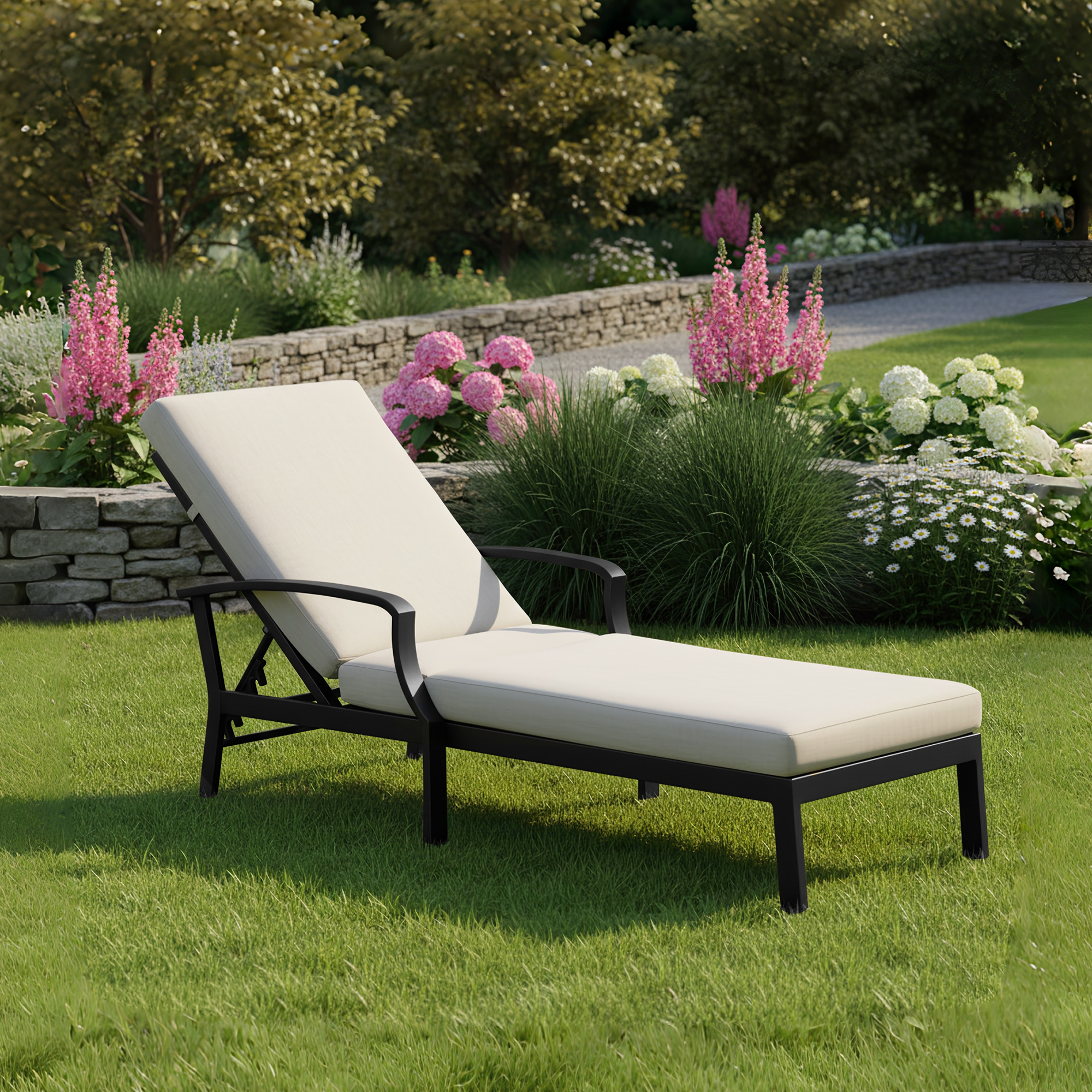 Outdoor lounge chair with adjustable backrest on green lawn surrounded by flowers -Seehill