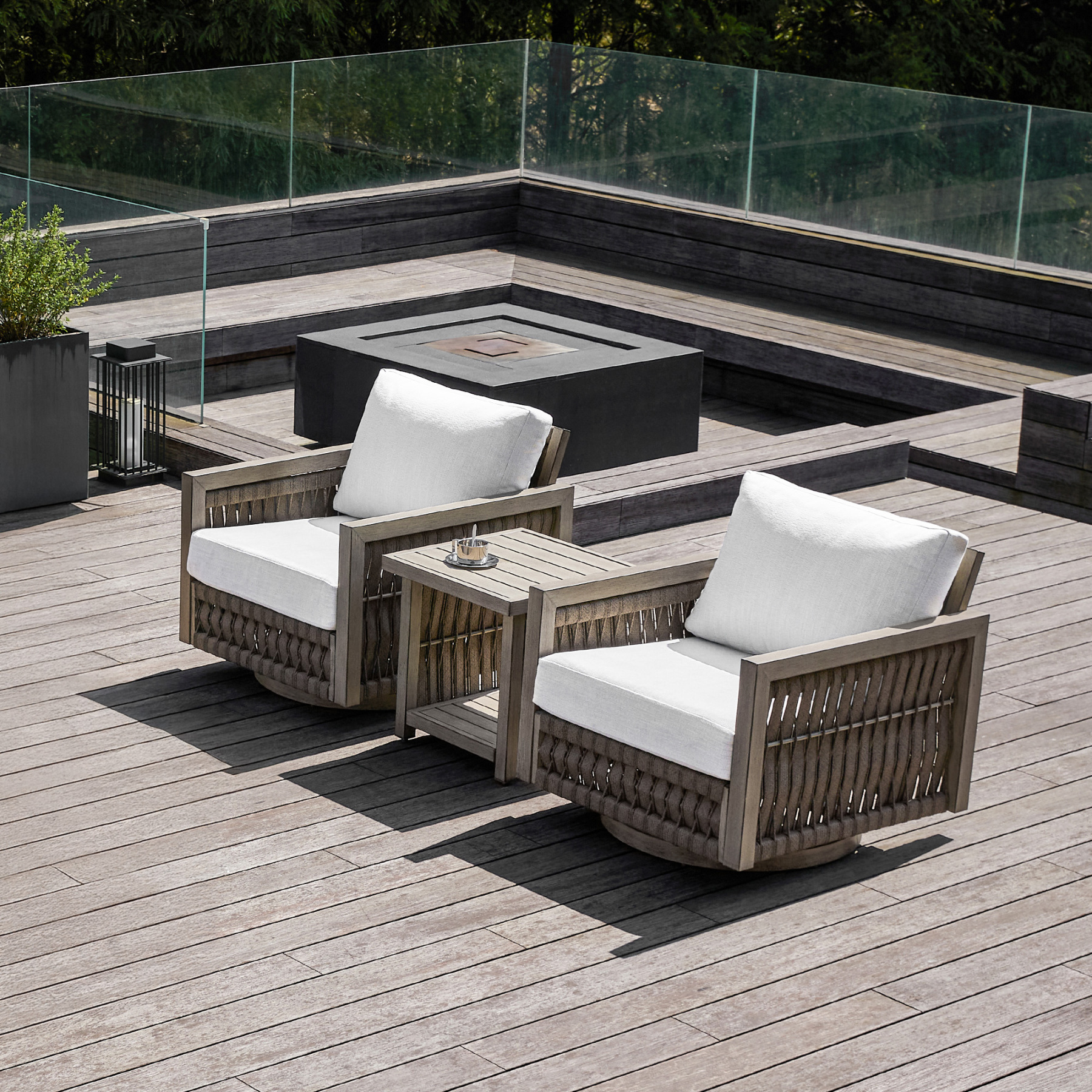 Modern outdoor patio set with wooden chairs and white cushions - Seehill
