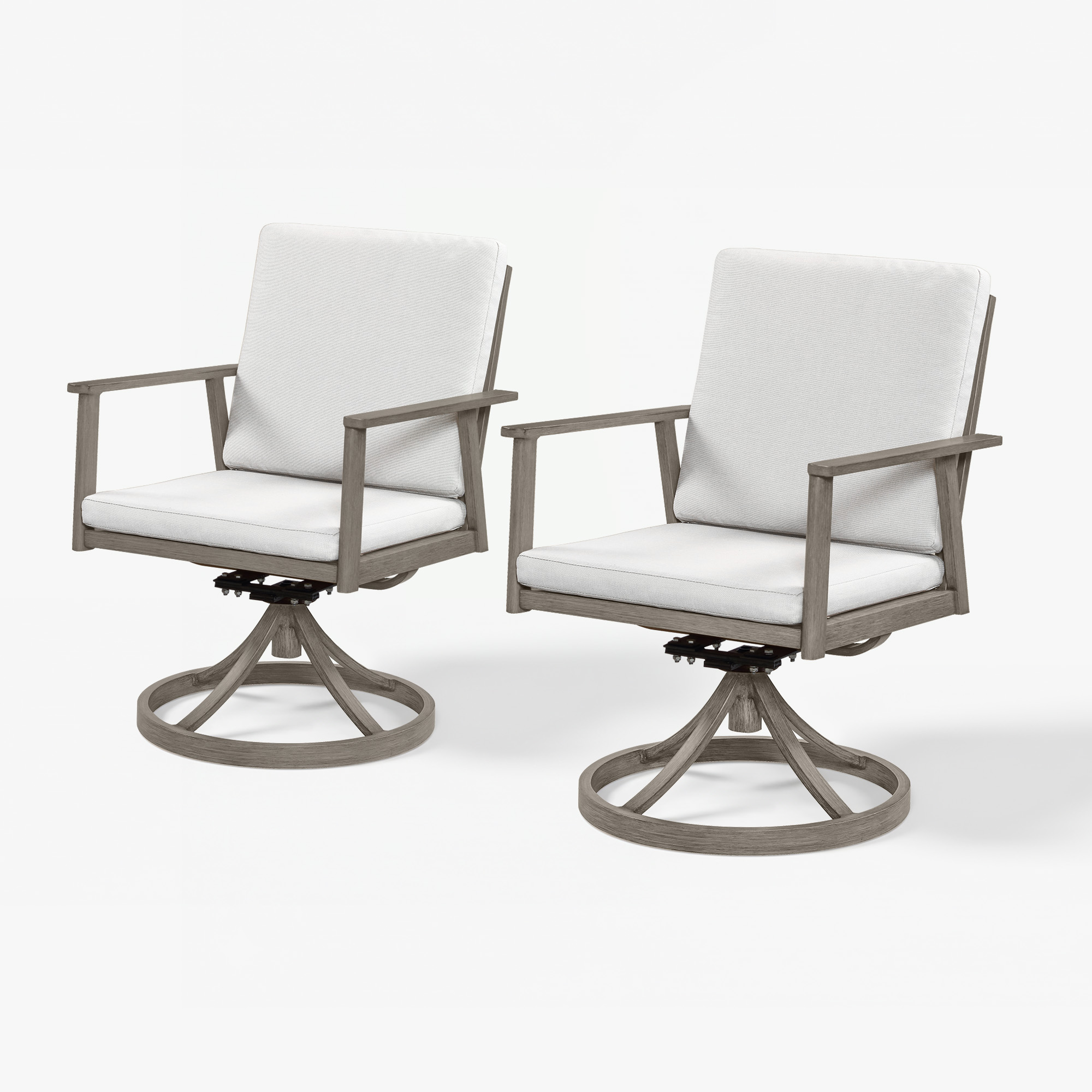 Highlighting the modern swivel armchairs with white cushions and wooden frames of this refined Piece. - Seehill